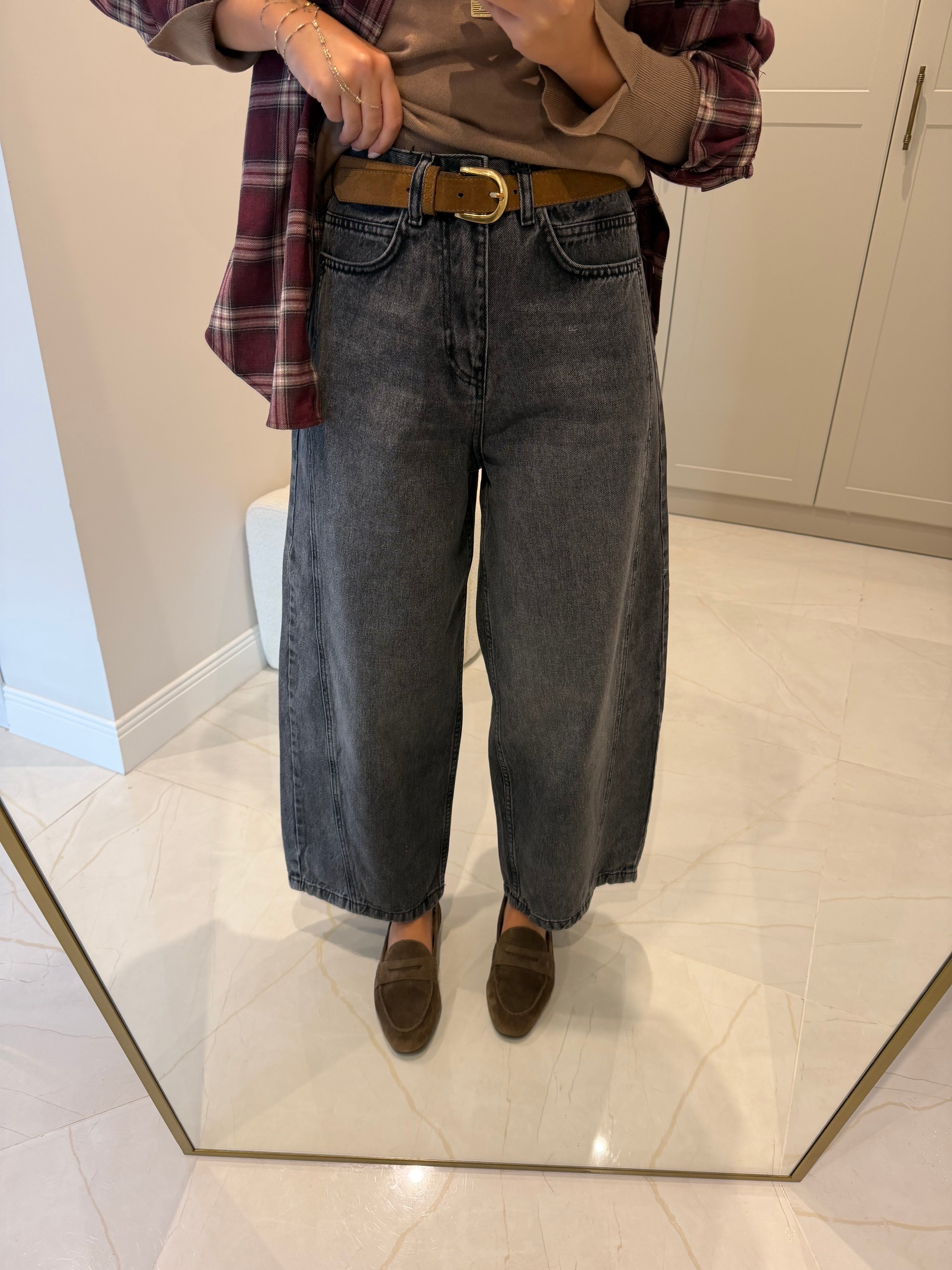 Barrel Kesim Antrasit Dikişli Jean