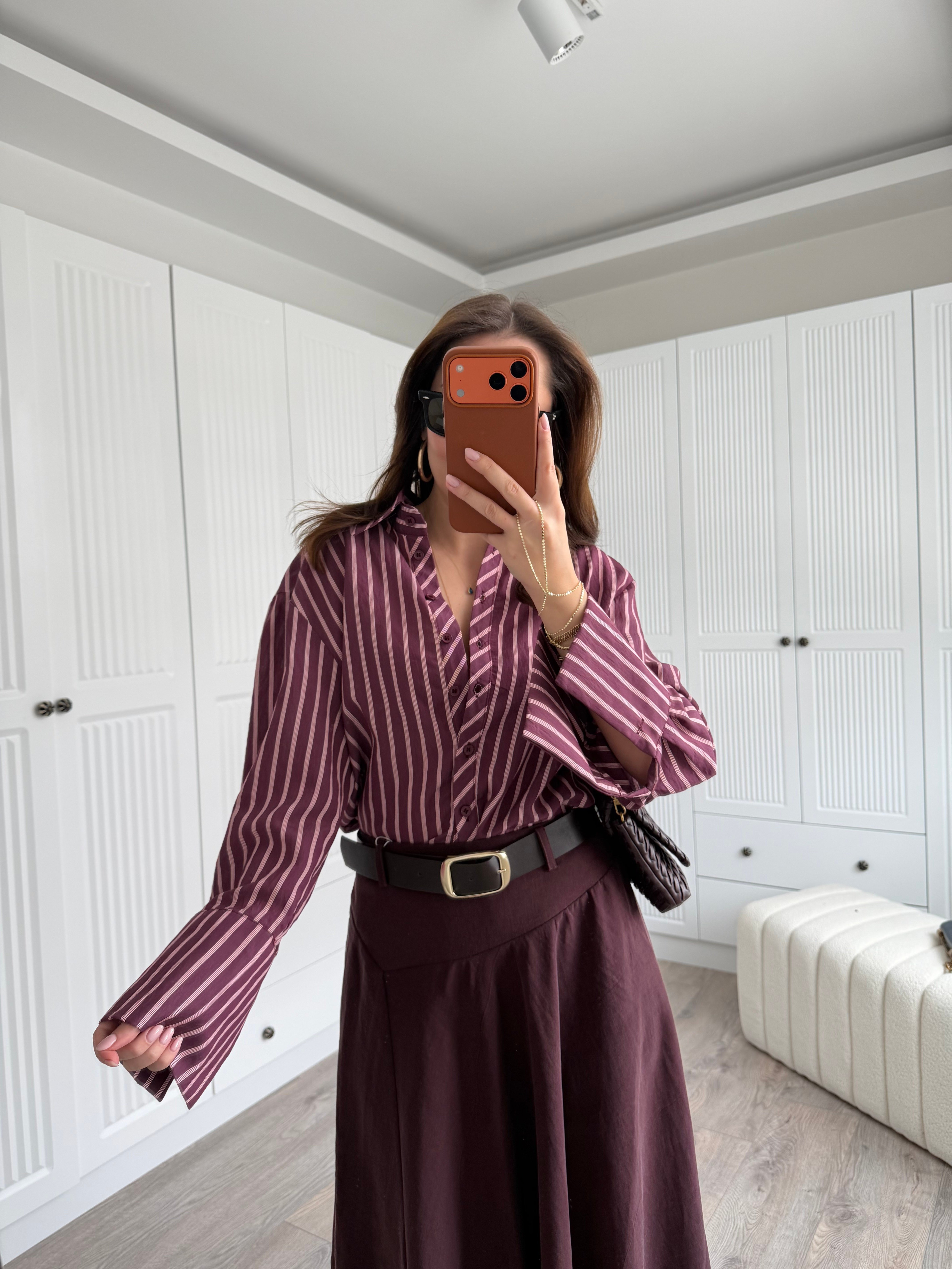 Bordo Çizgili Poplin Gömlek 