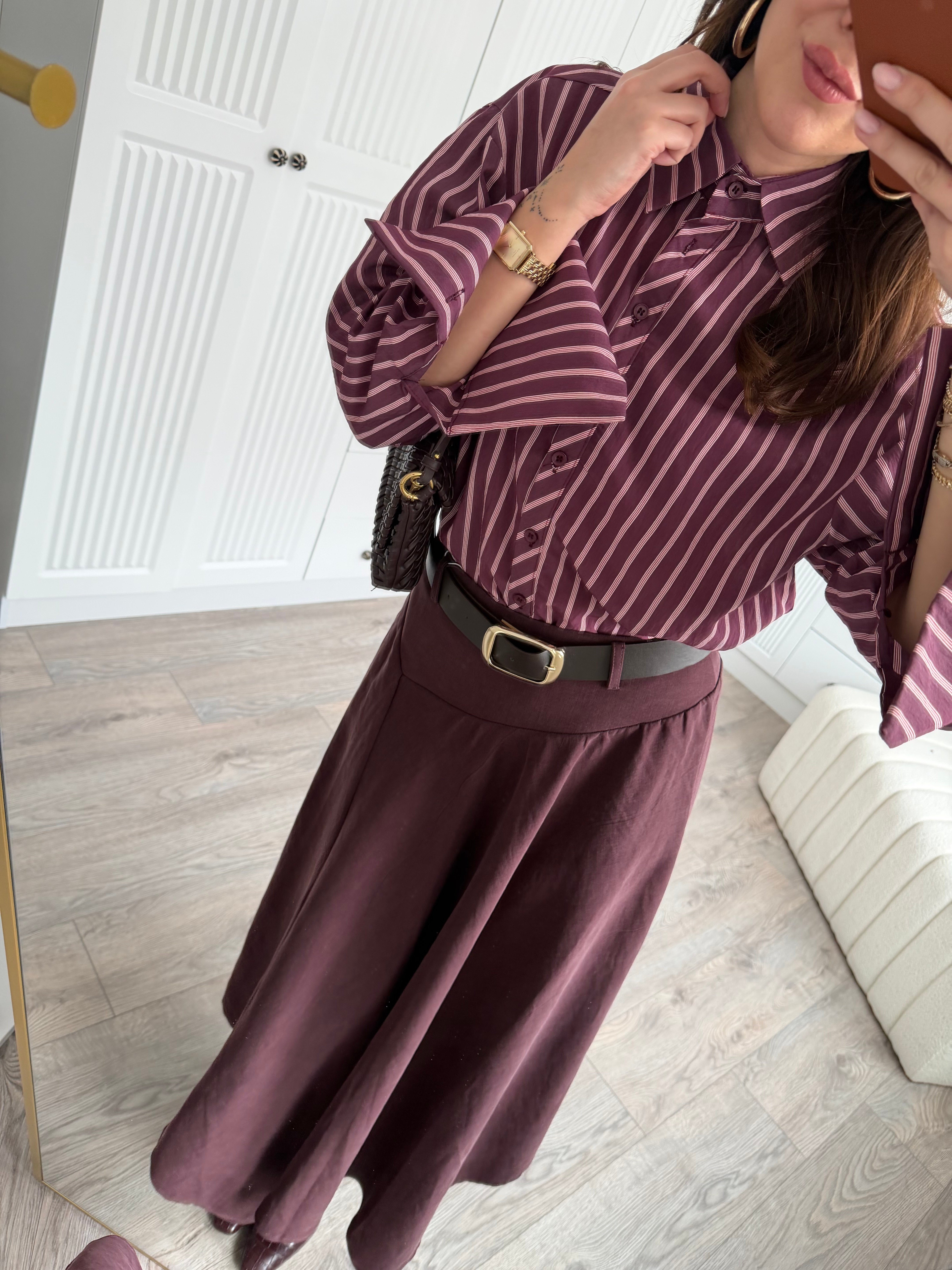 Bordo Çizgili Poplin Gömlek 