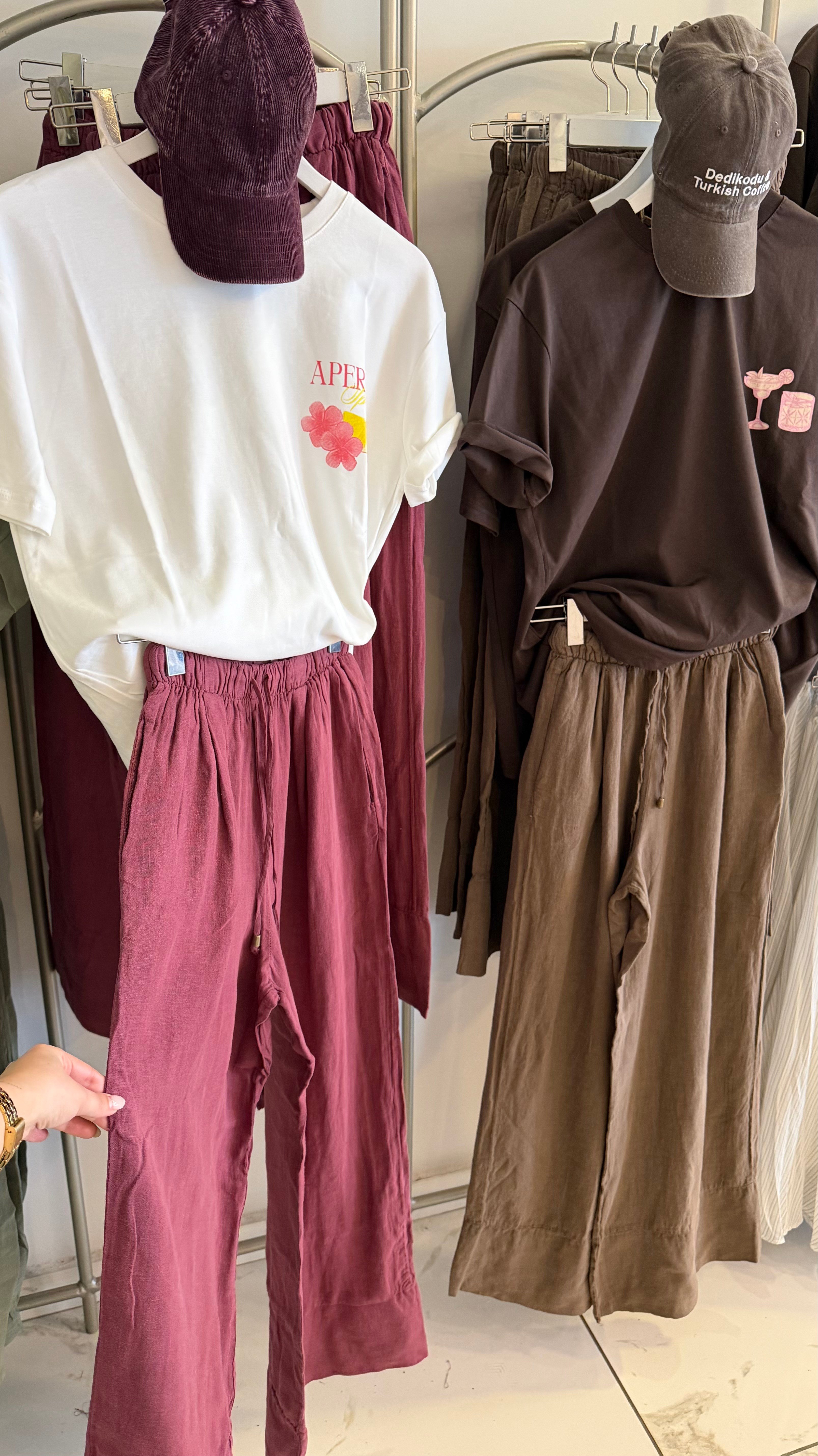 Bordo Ham Keten Geniş Paça Pantolon 