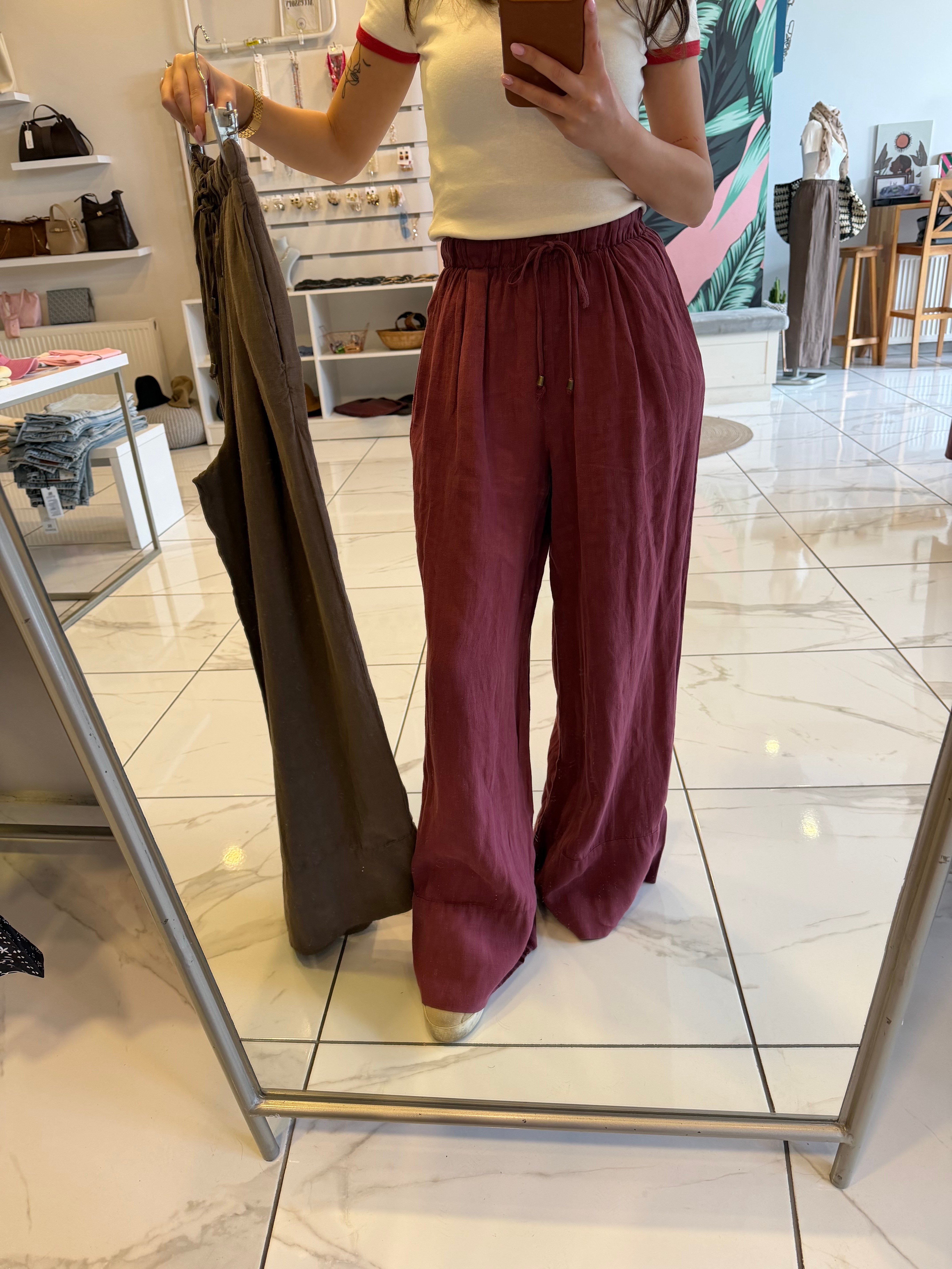 Bordo Ham Keten Geniş Paça Pantolon 