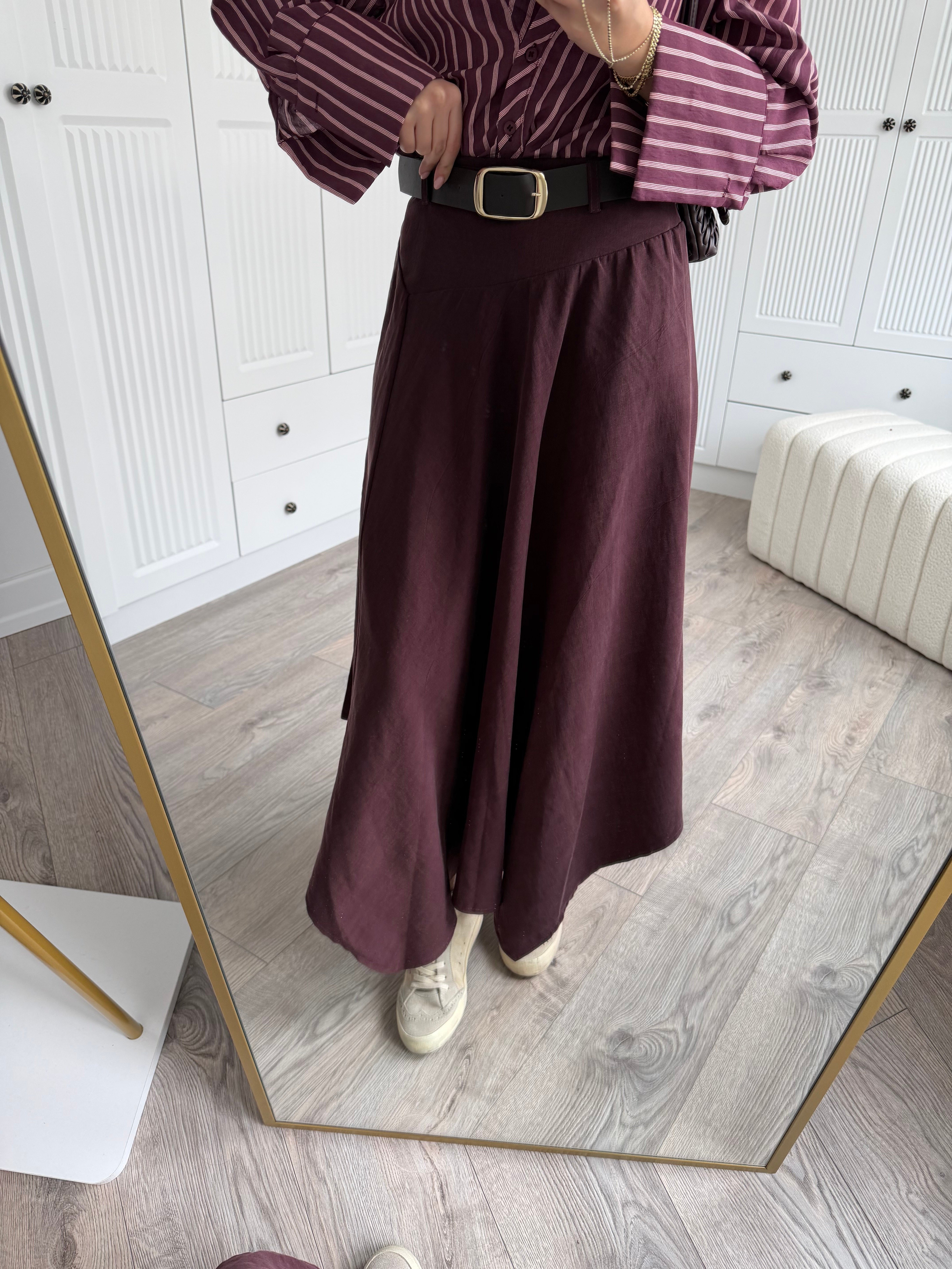 Bordo Kemerli Asimetrik Tensel Etek