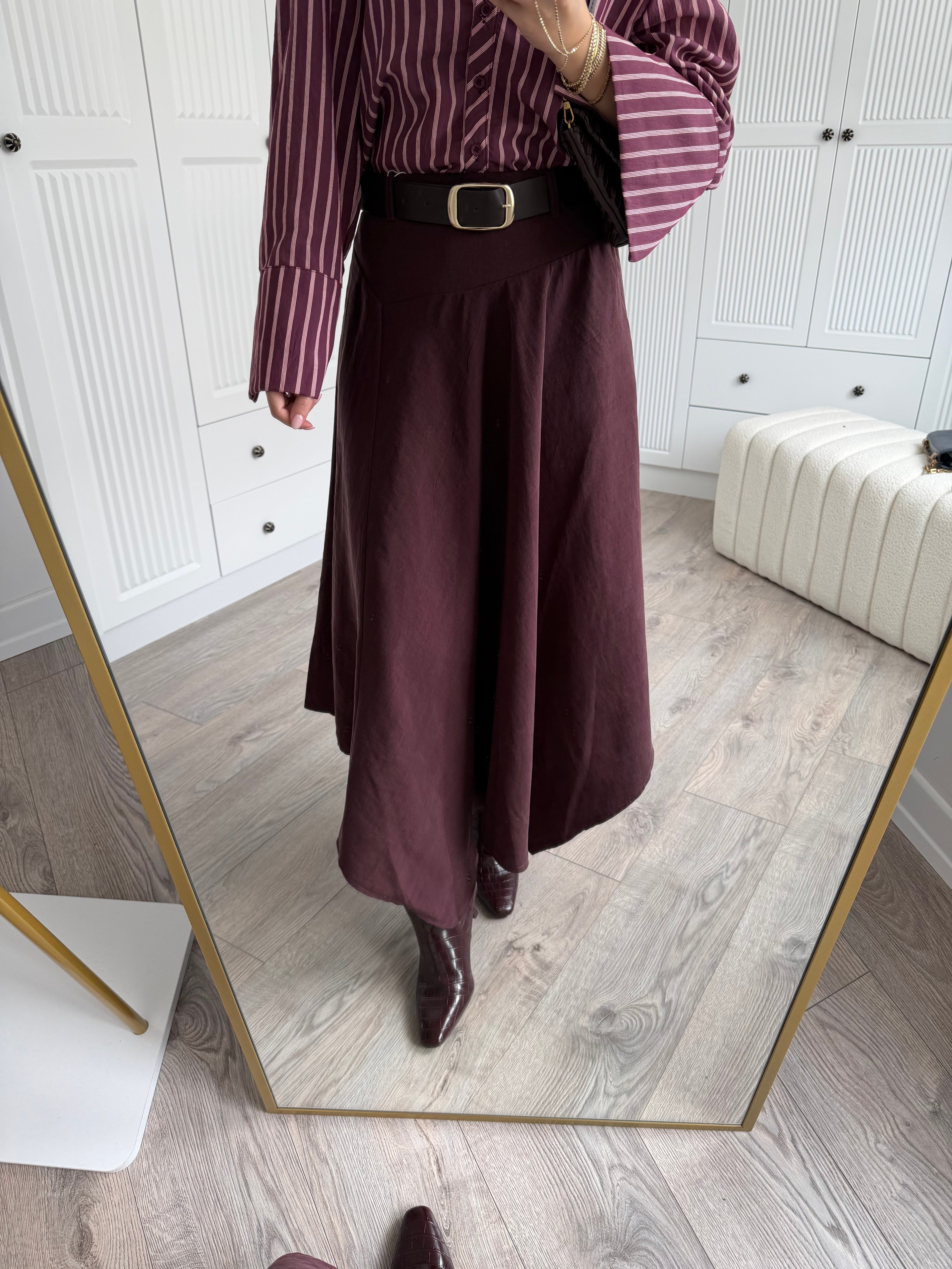 Bordo Kemerli Asimetrik Tensel Etek