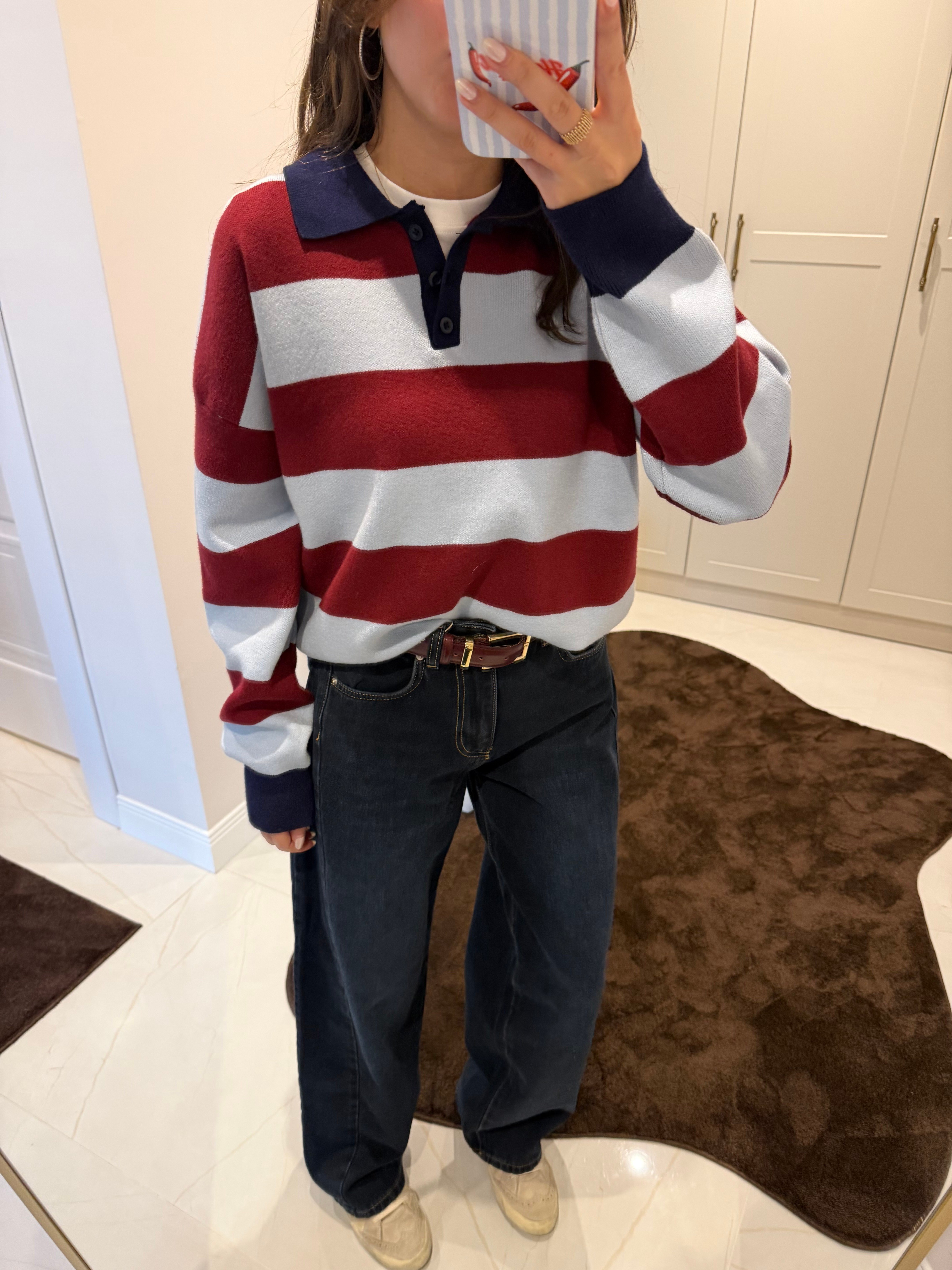 Bordo Mavi Polo Yaka Triko Kazak