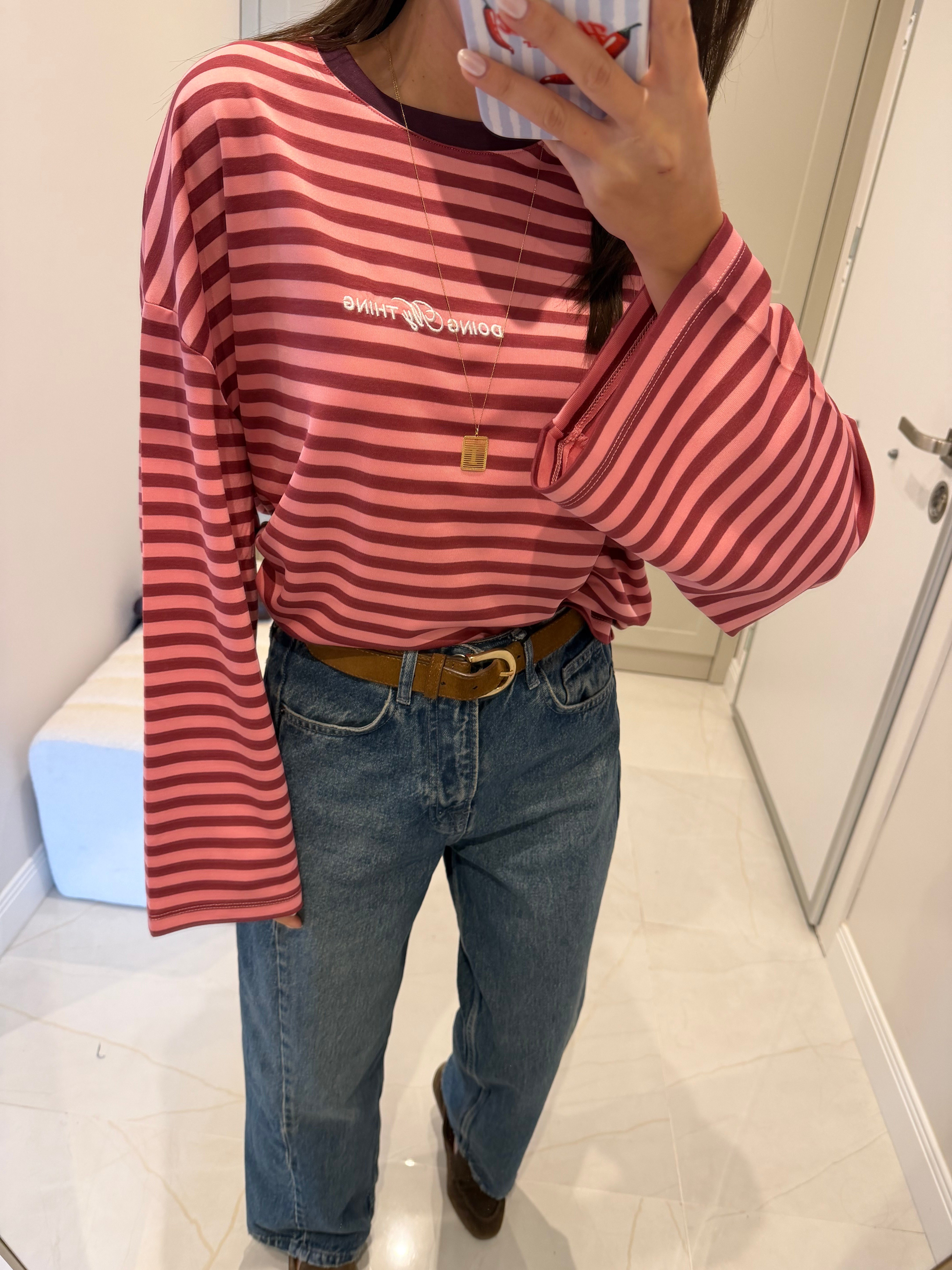 Bordo Pembe Çizgili Yazı Detaylı Basic