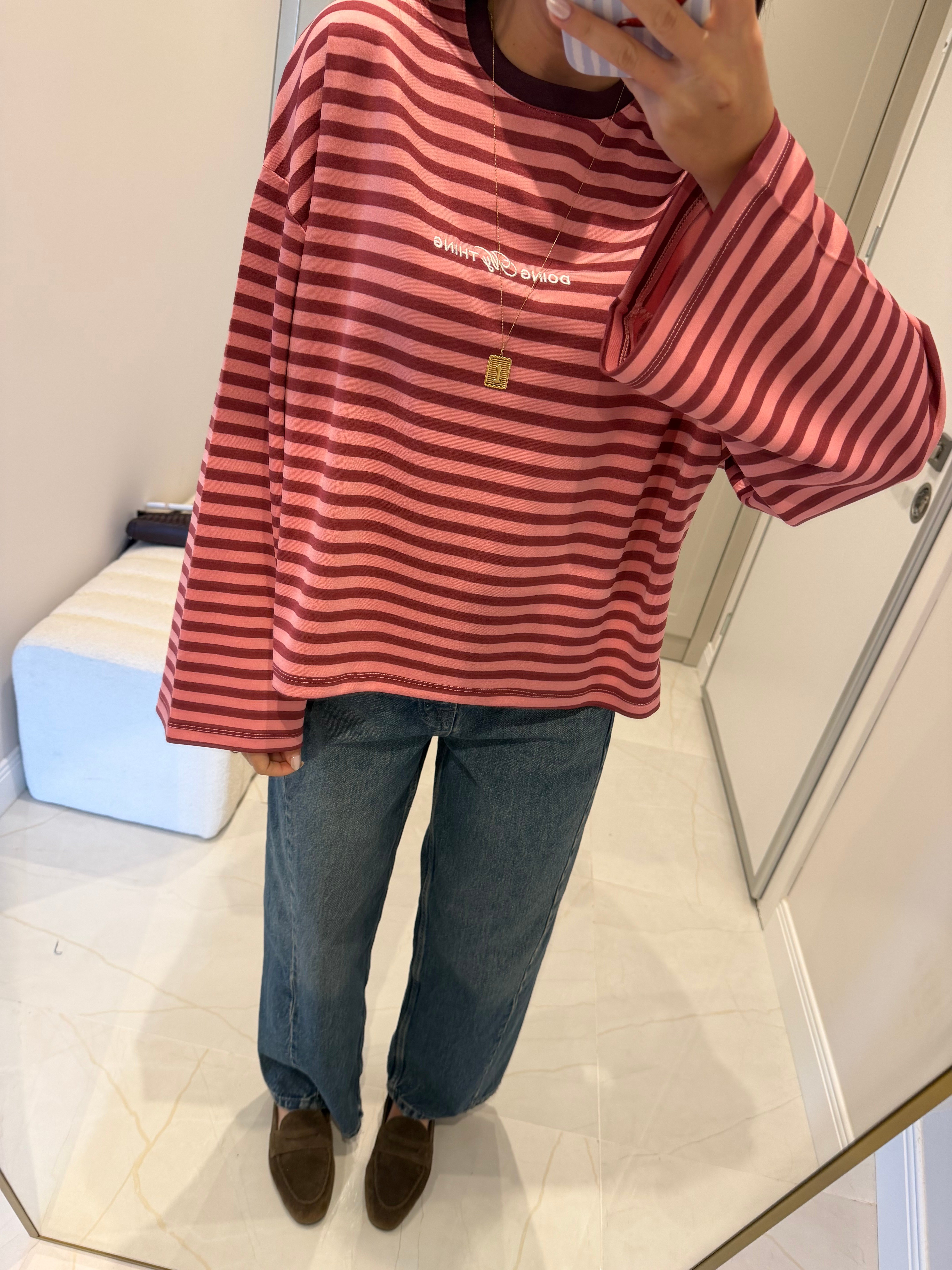 Bordo Pembe Çizgili Yazı Detaylı Basic