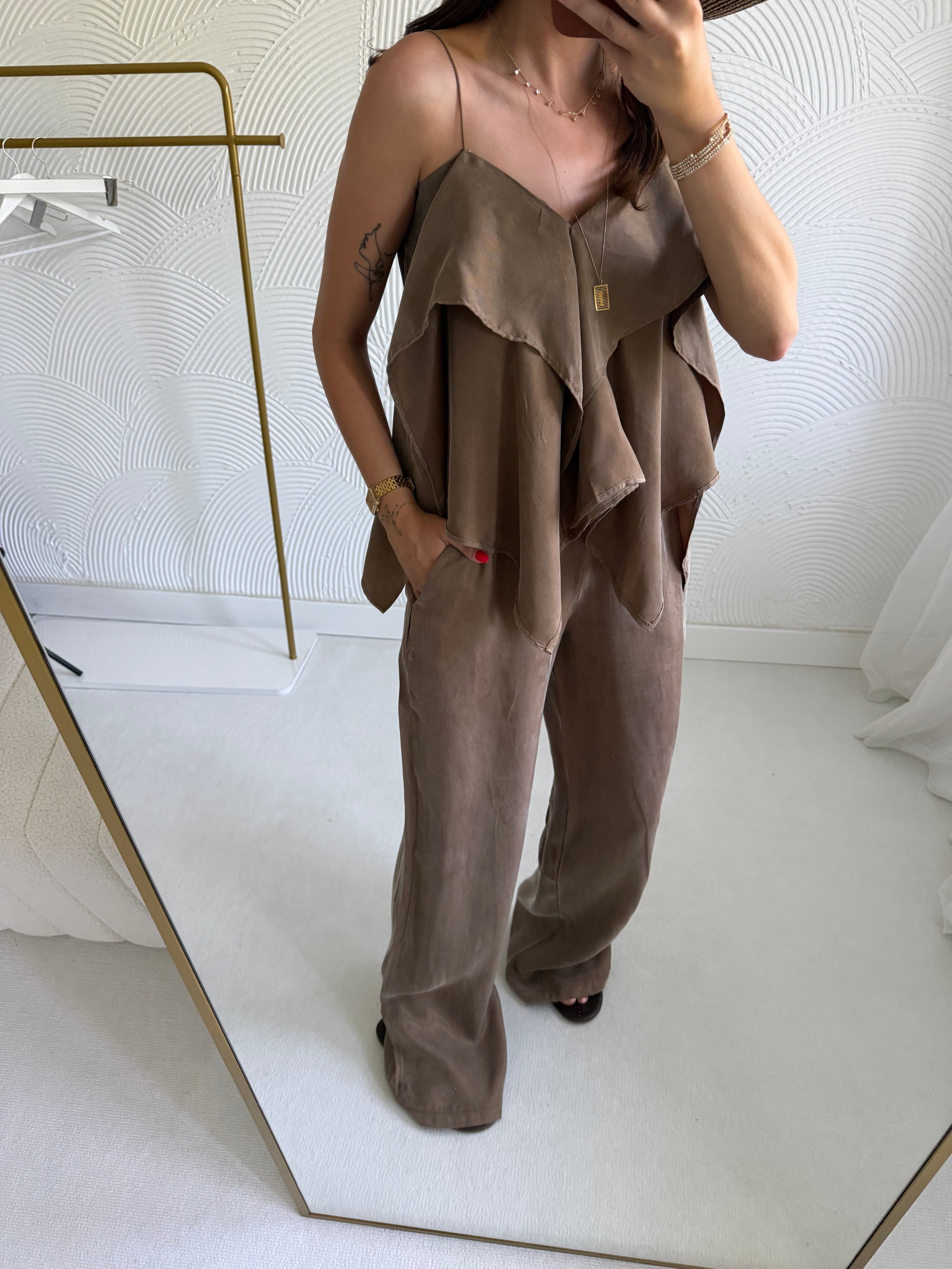 Bronz Fırfırlı Bluz Lastikli Pantolon Takım