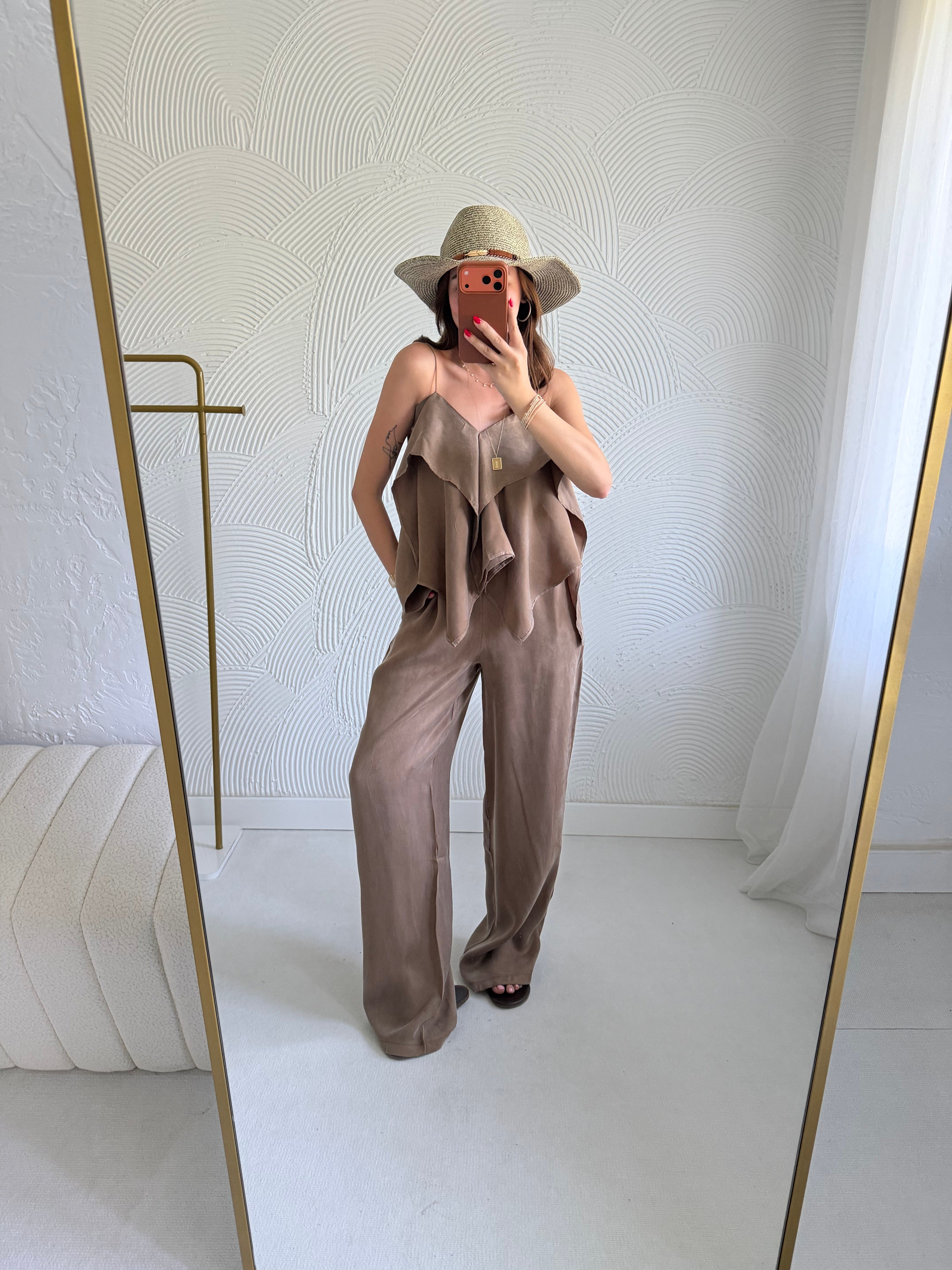 Bronz Fırfırlı Bluz Lastikli Pantolon Takım