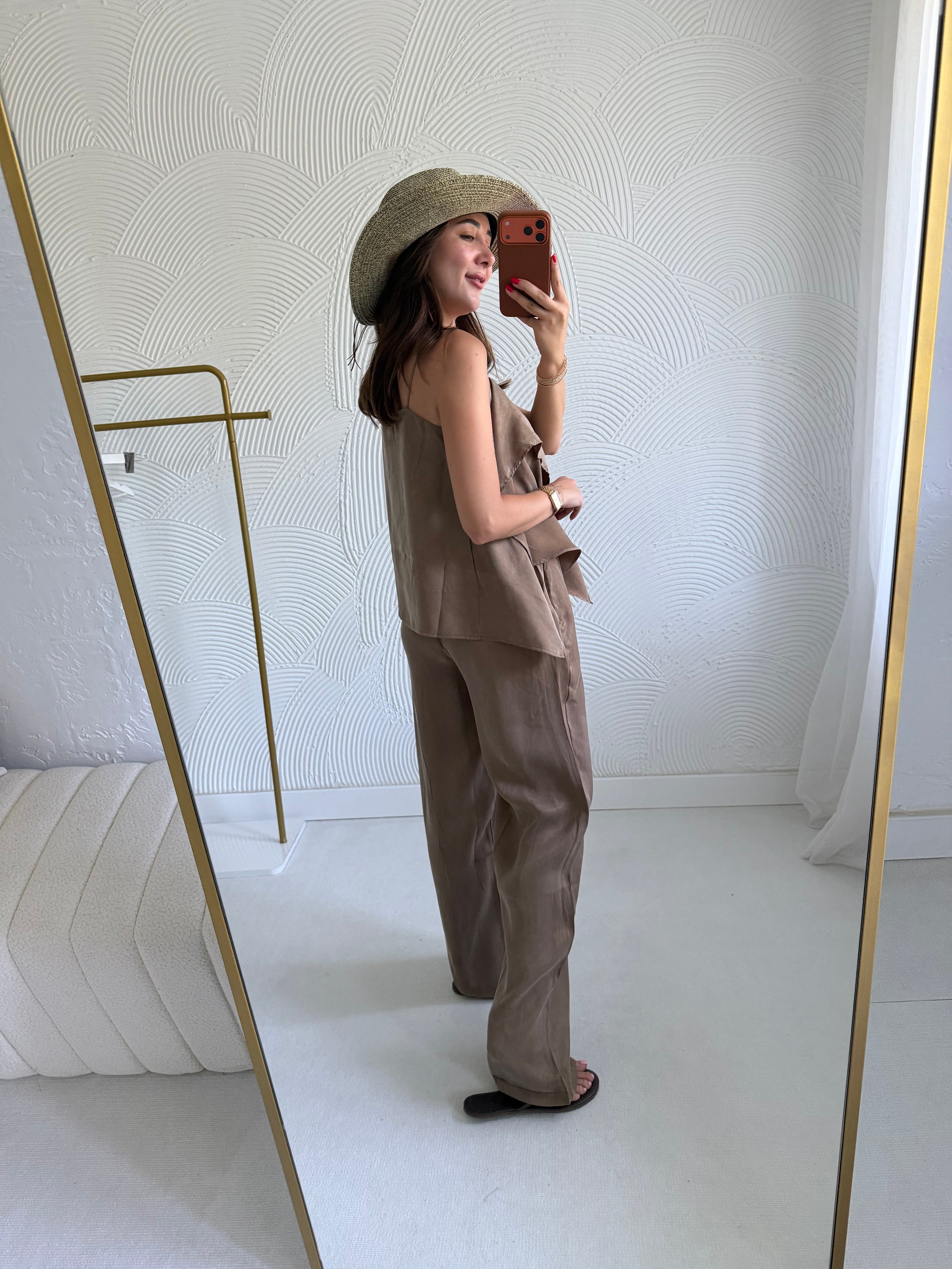 Bronz Fırfırlı Bluz Lastikli Pantolon Takım