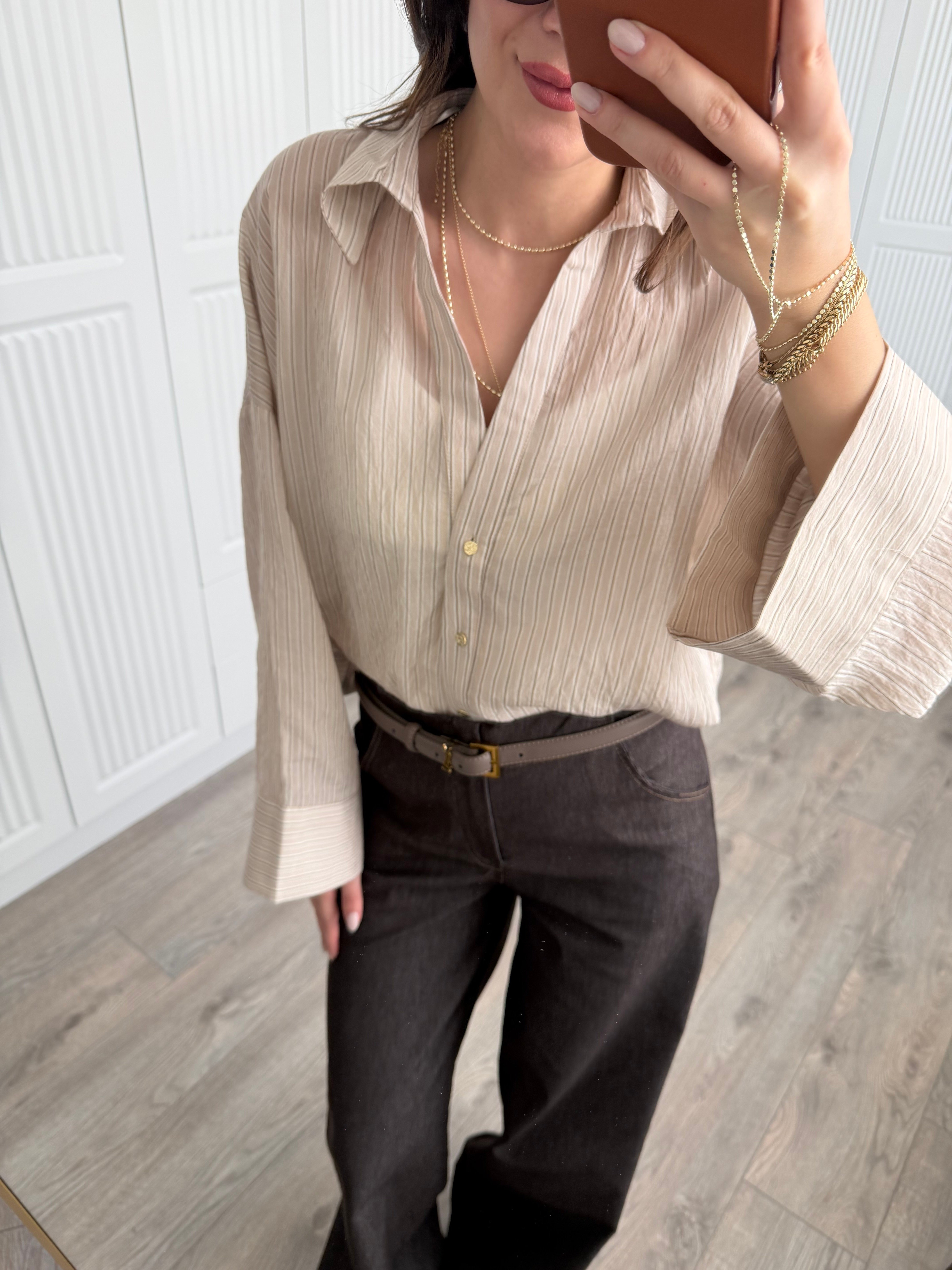 Çizgili Transparan Krem Gömlek