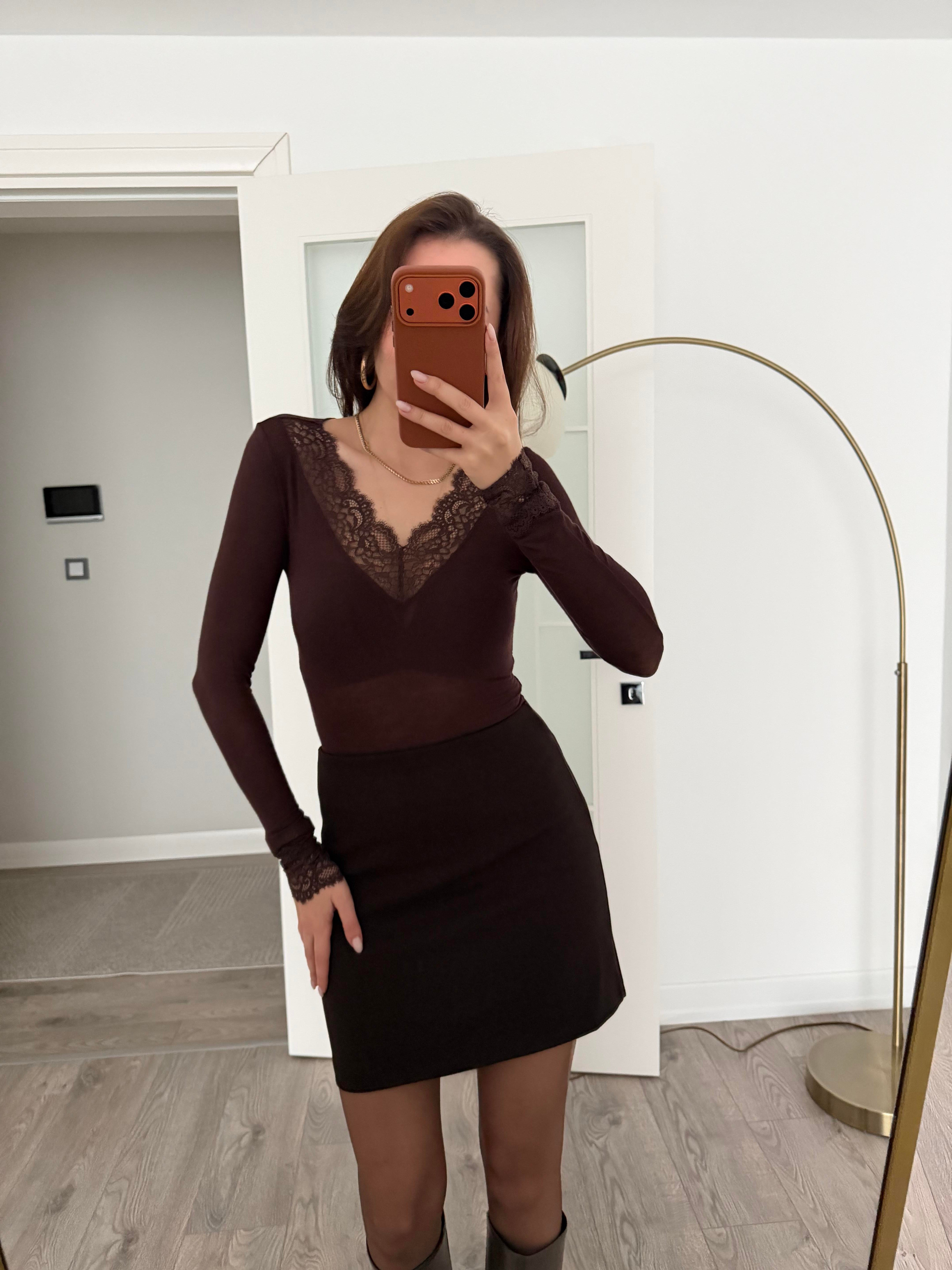 Dantelli Kahve Transparan Kaşmir Bluz