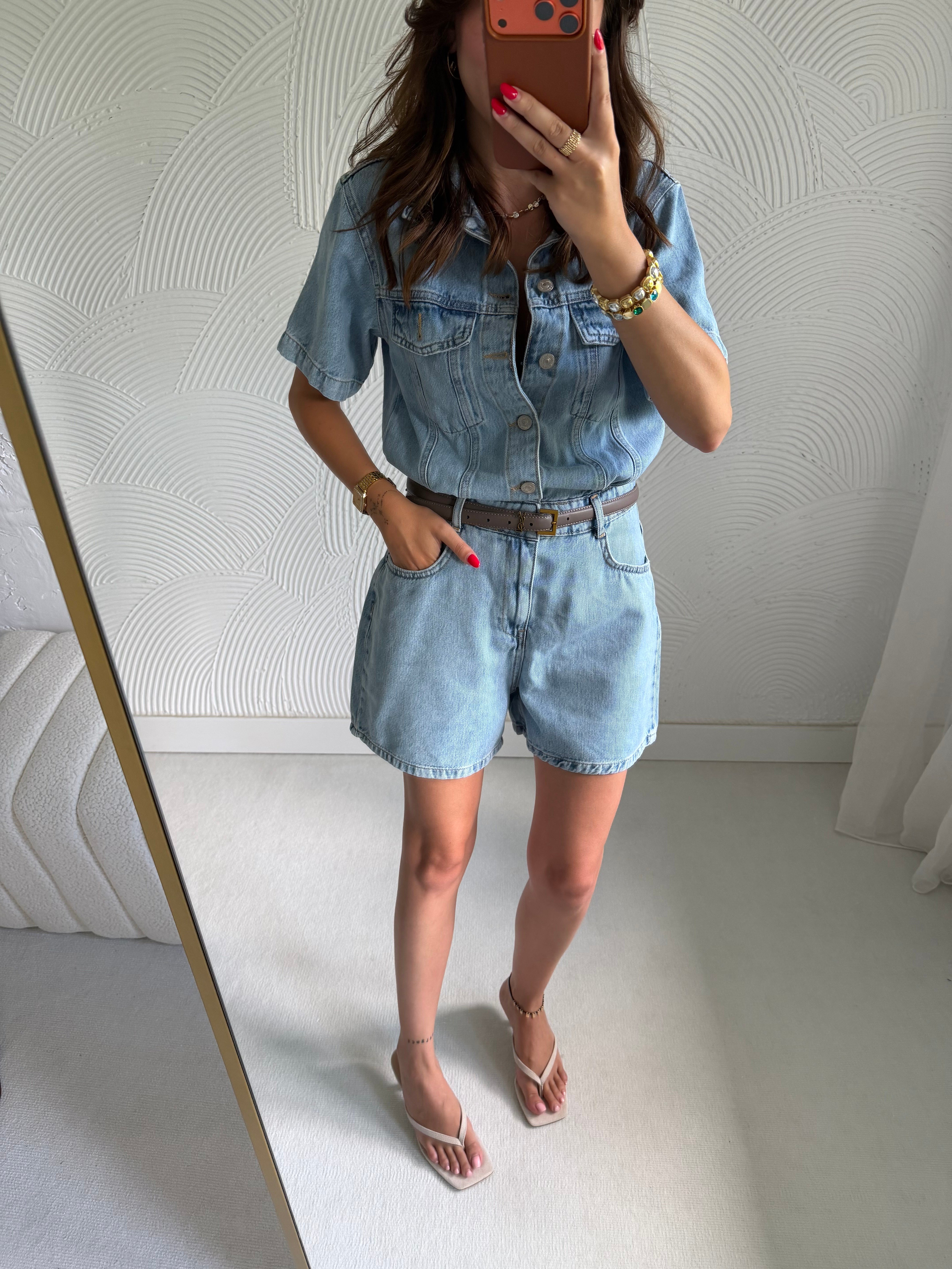 Dilvin Kısa Kollu Şort Denim Tulum