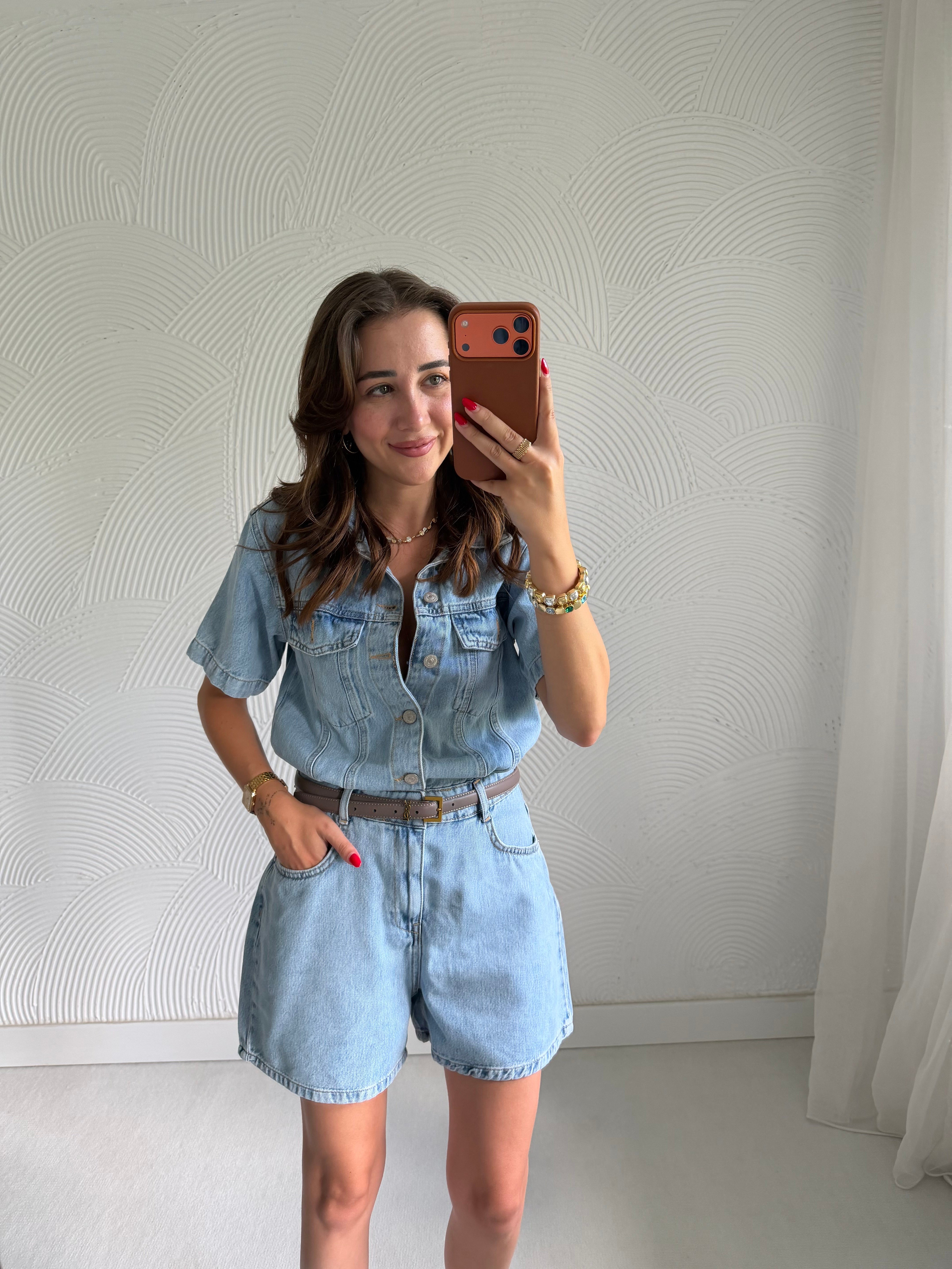 Dilvin Kısa Kollu Şort Denim Tulum