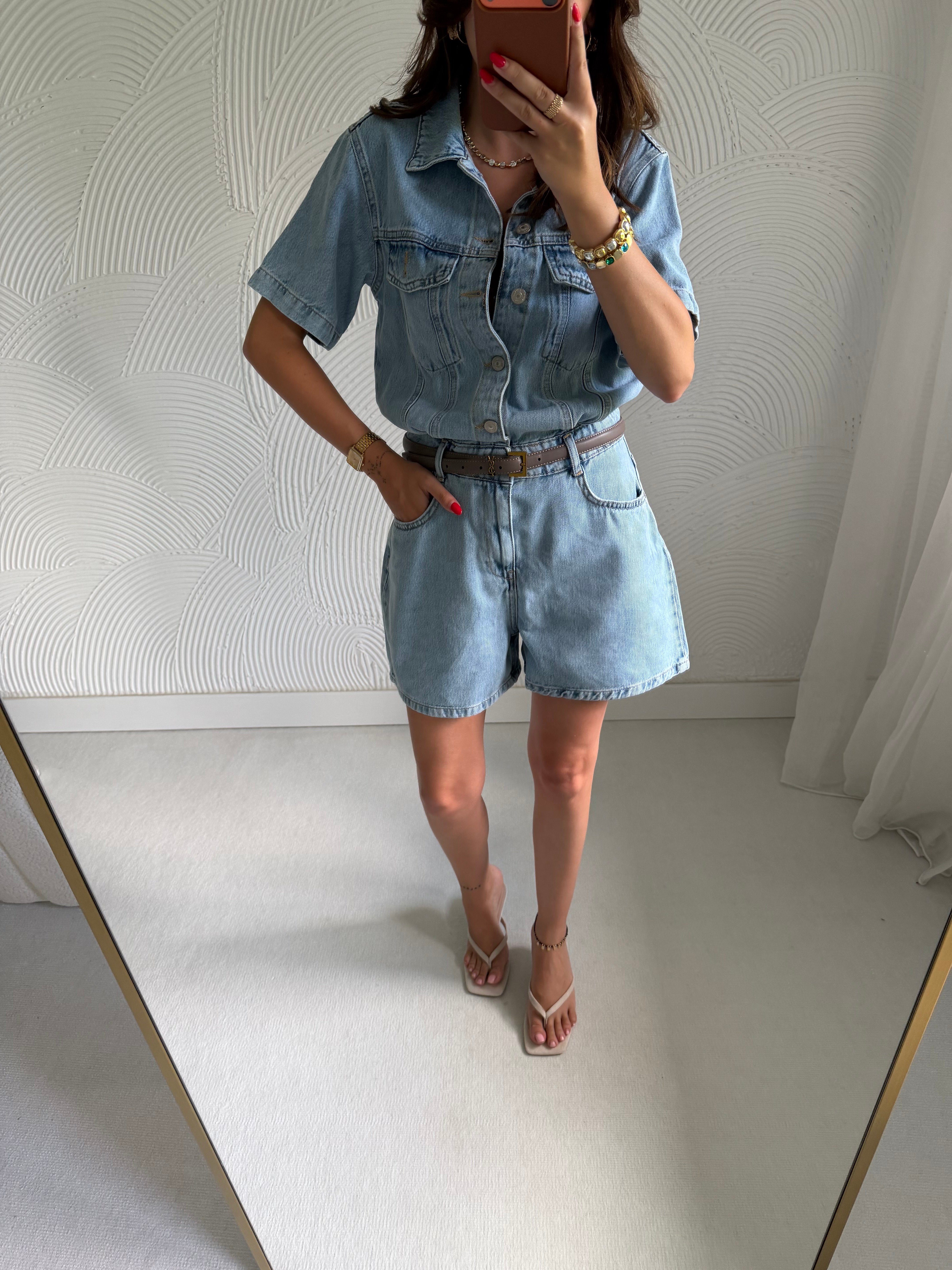 Dilvin Kısa Kollu Şort Denim Tulum