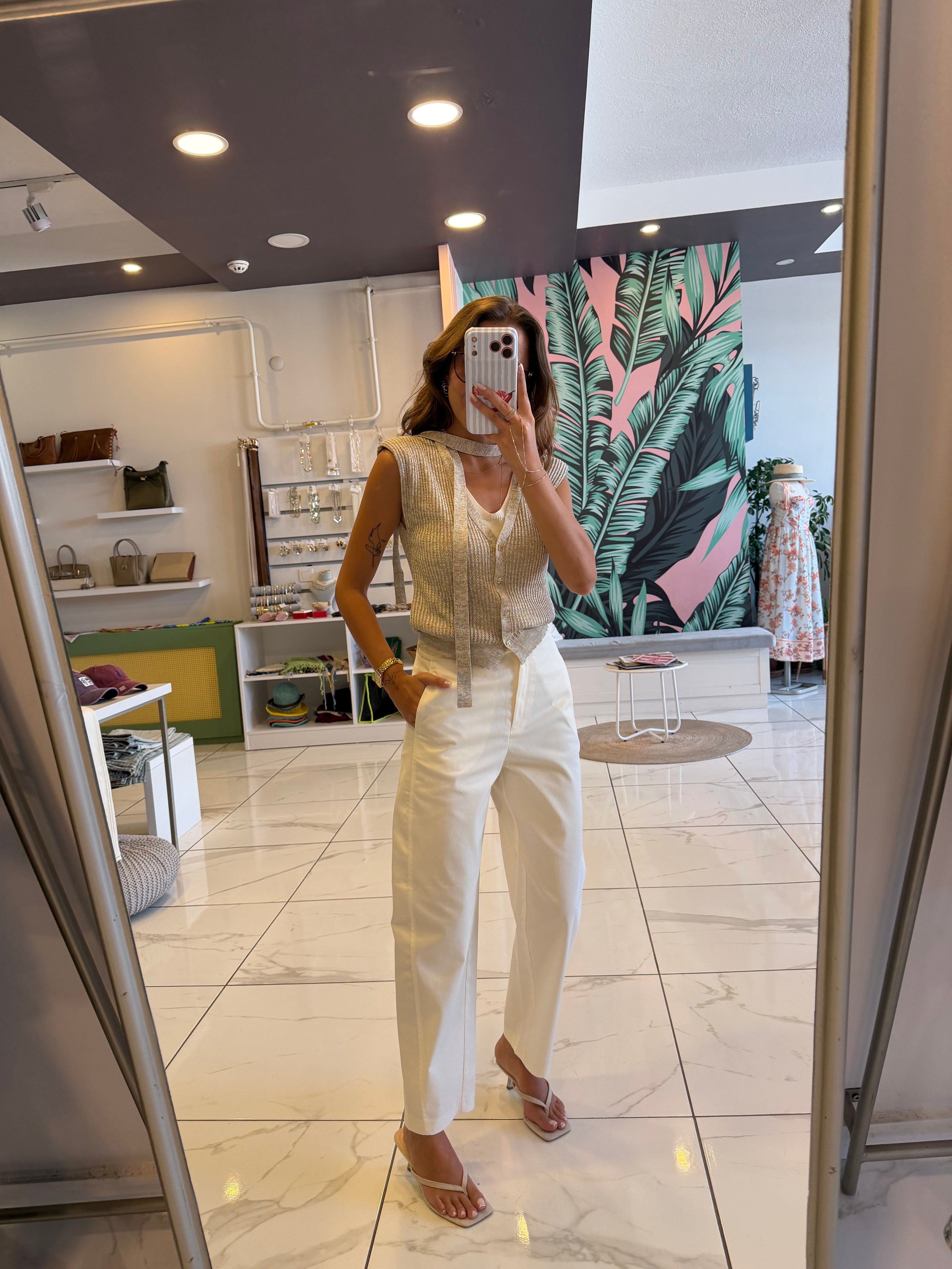Ekru Dikiş Detaylı Likralı Pantolon 