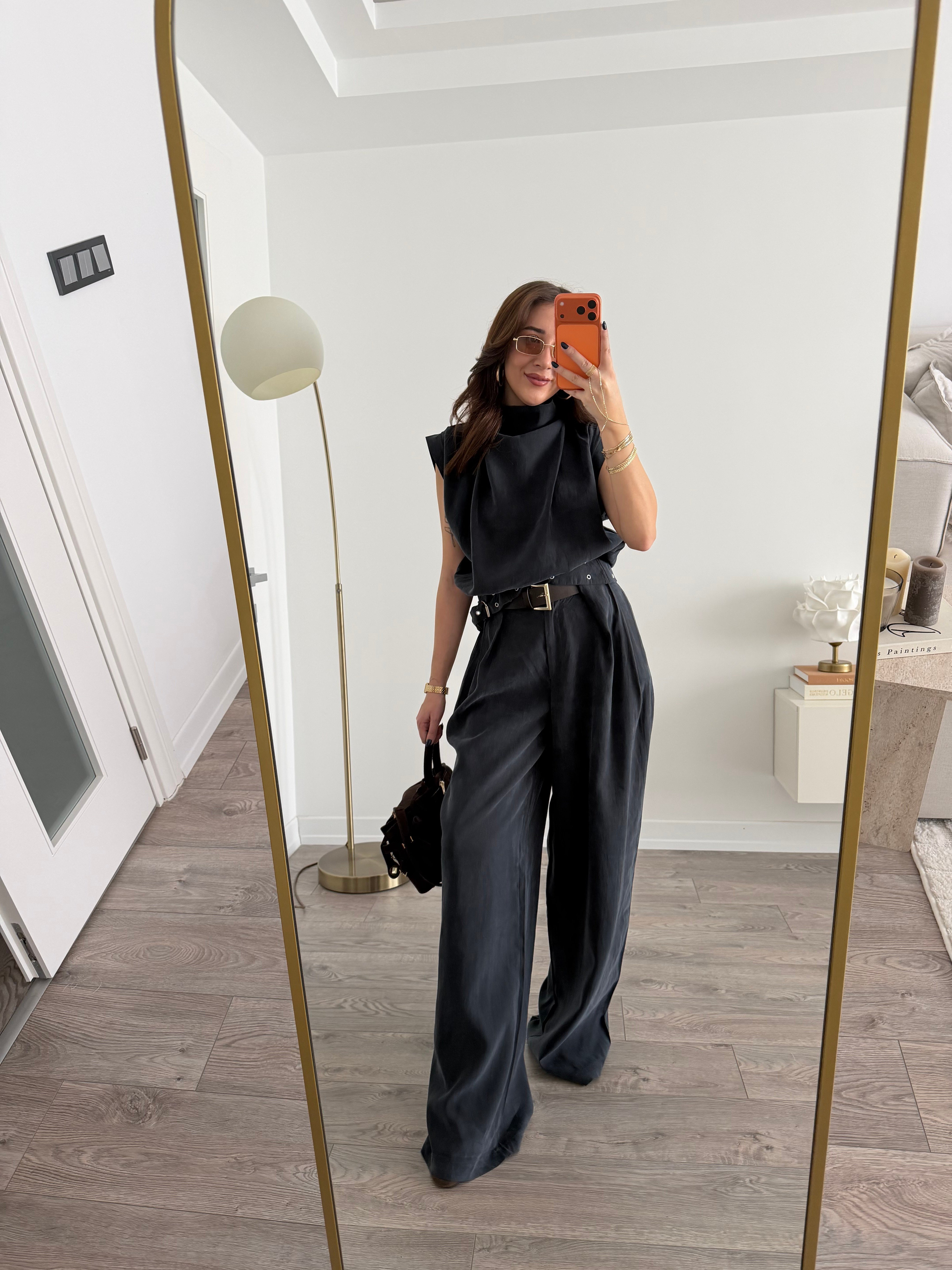 Füme Modal Tensel Dik Yaka Bluz Kemerli Pantolon Takım