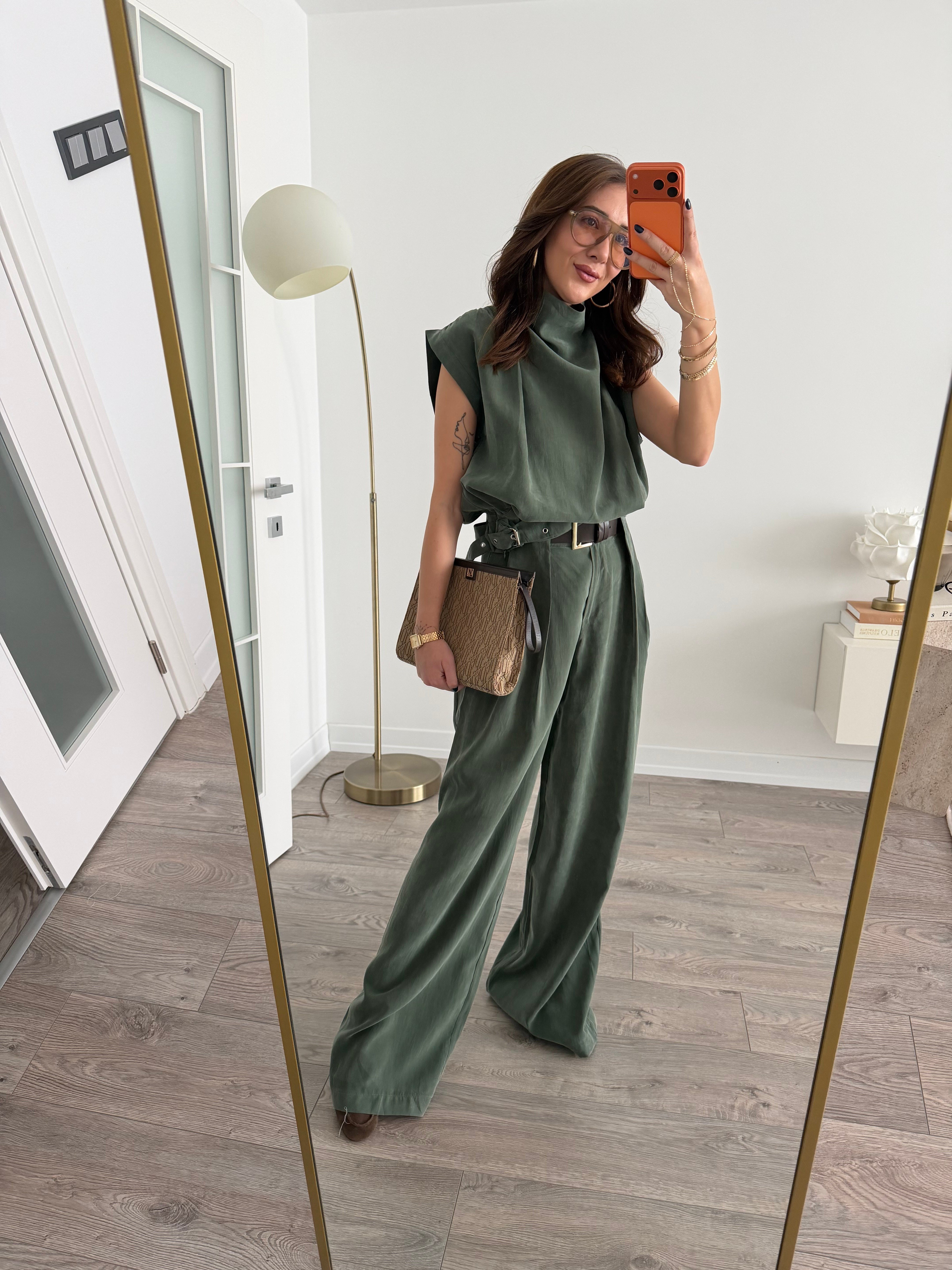Haki Modal Tensel Dik Yaka Bluz Kemerli Pantolon Takım