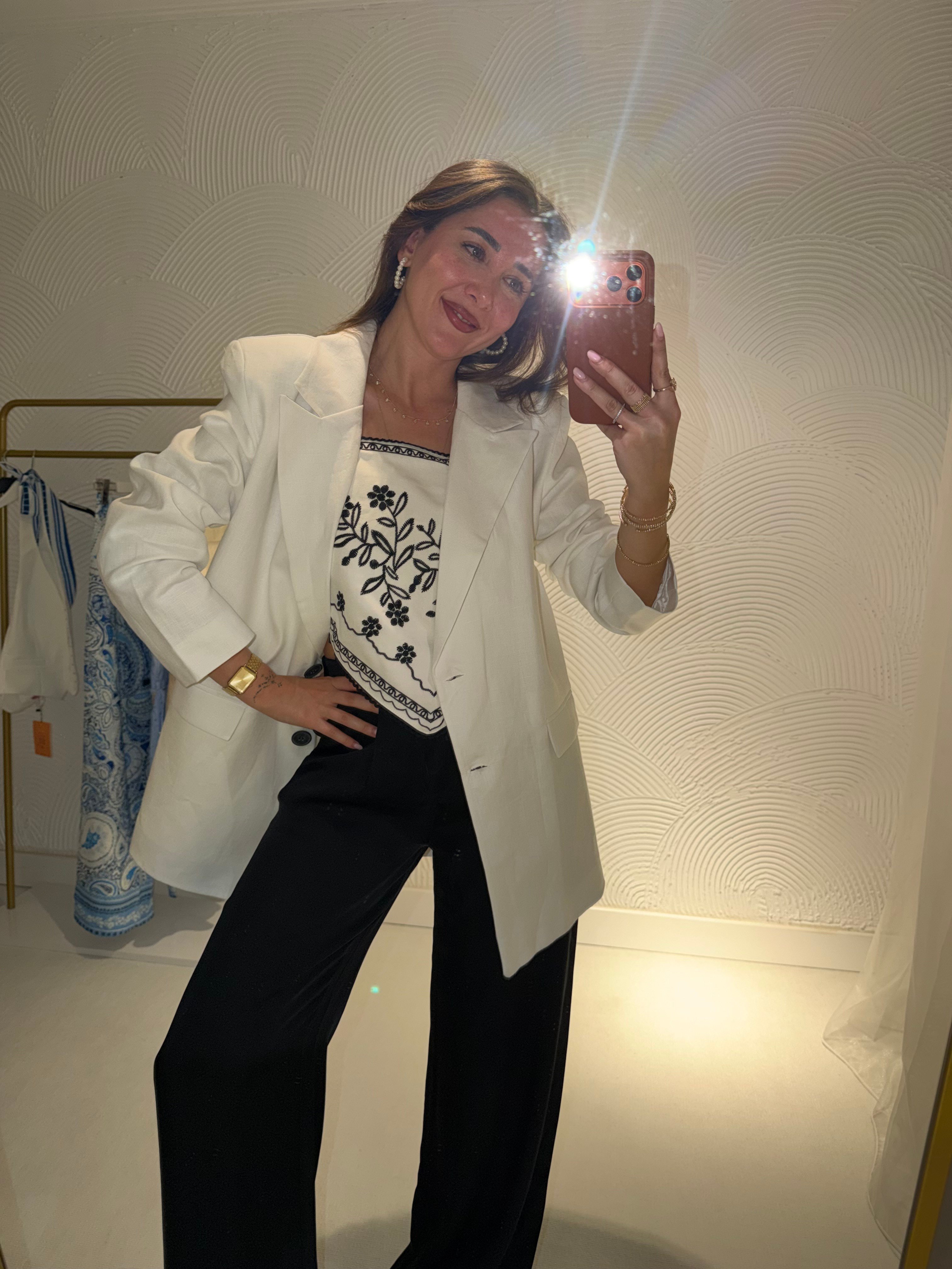 Ham Keten Beyaz Düğmeli Blazer Ceket 
