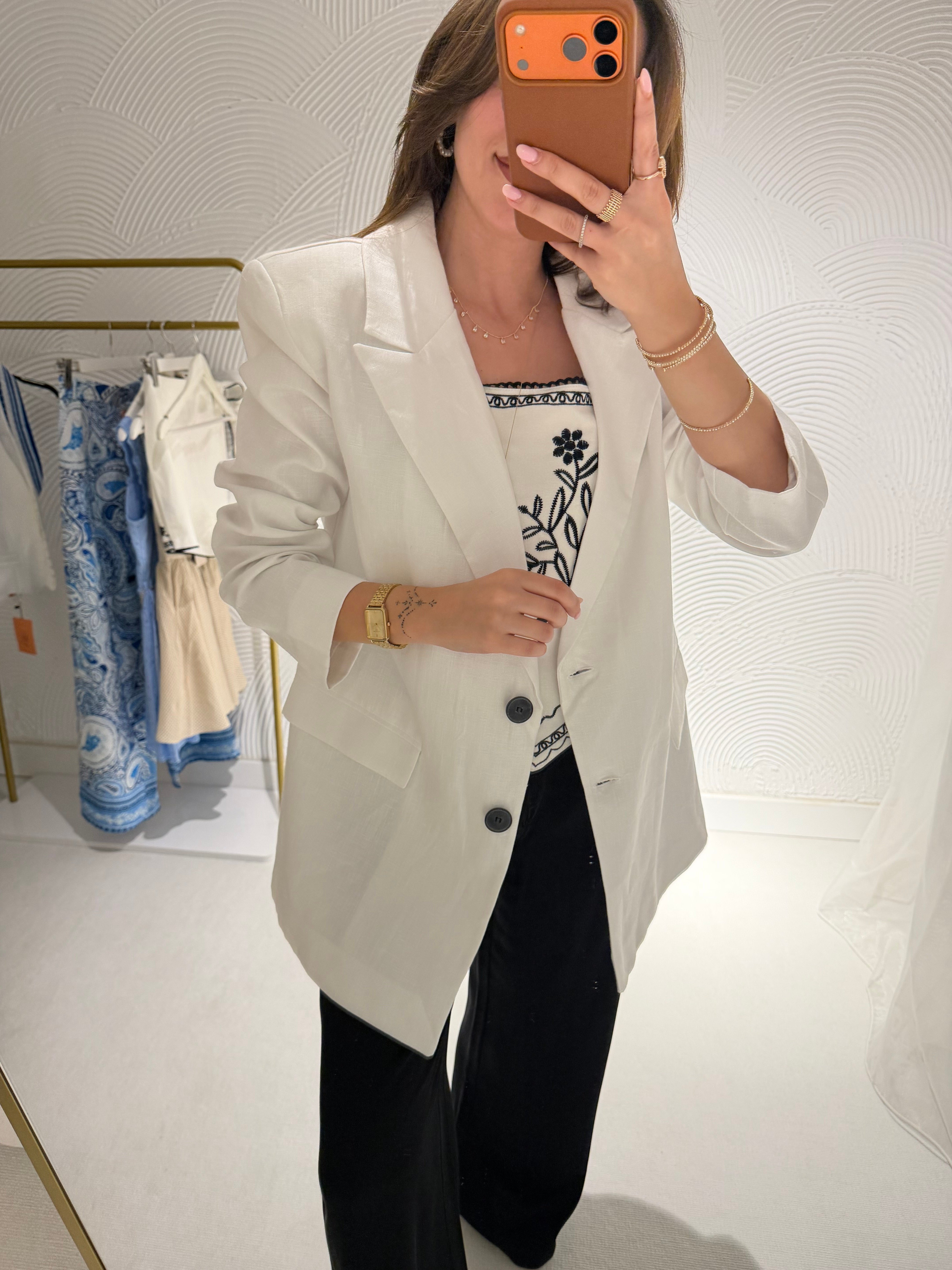 Ham Keten Beyaz Düğmeli Blazer Ceket 