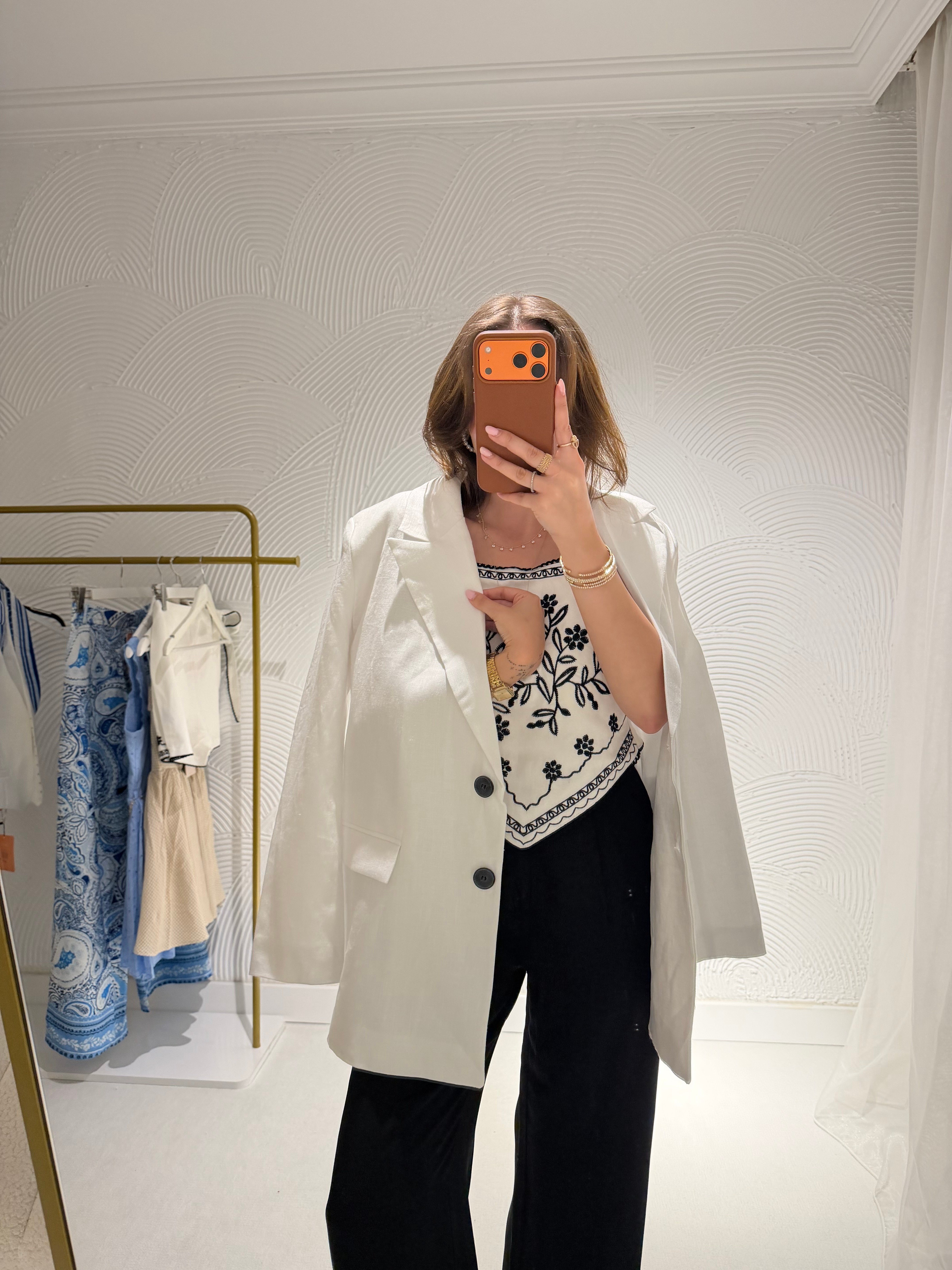 Ham Keten Beyaz Düğmeli Blazer Ceket 