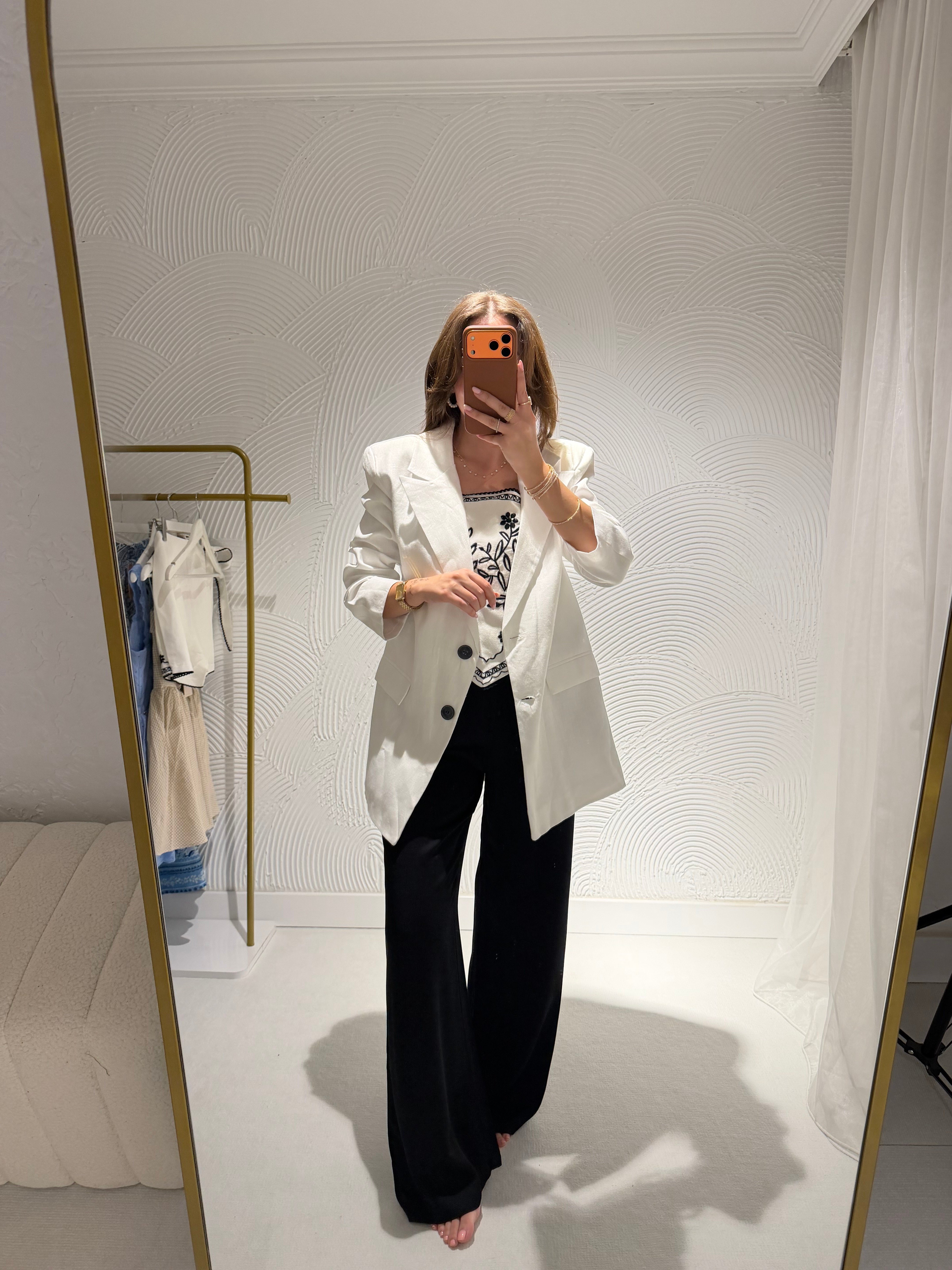 Ham Keten Beyaz Düğmeli Blazer Ceket 