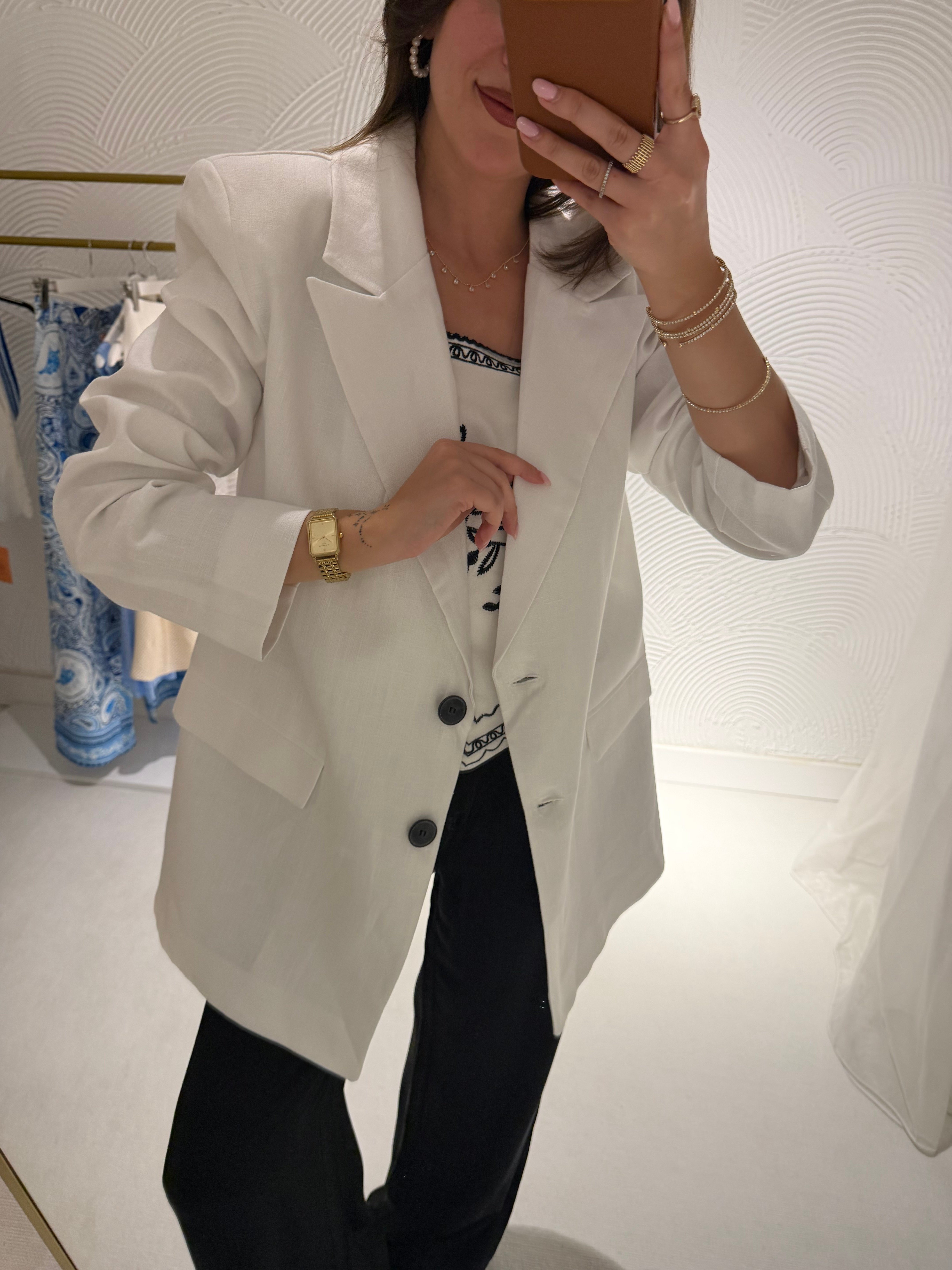 Ham Keten Beyaz Düğmeli Blazer Ceket 
