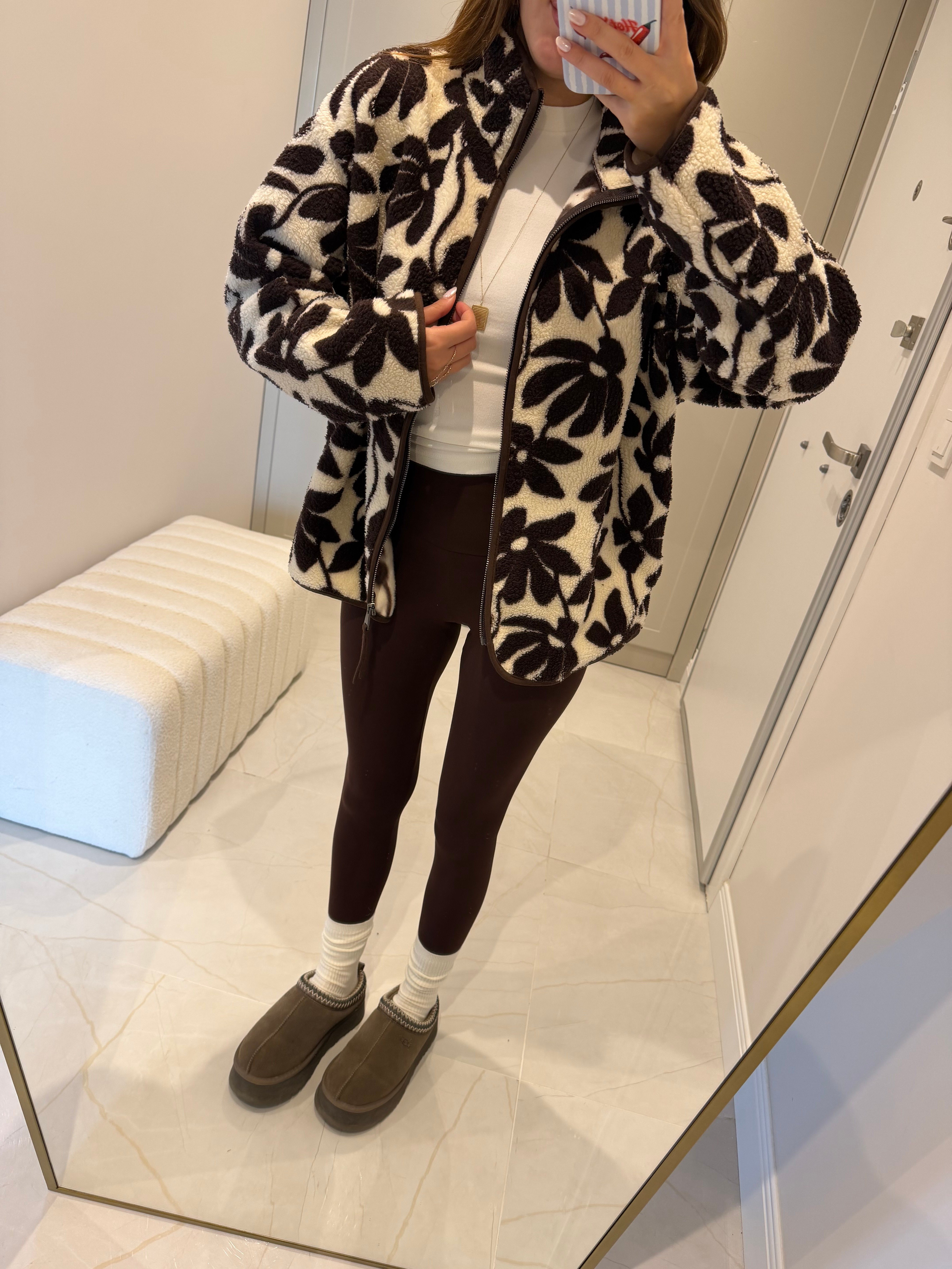 Kahve Çiçekli Polar Fermuarlı Ceket
