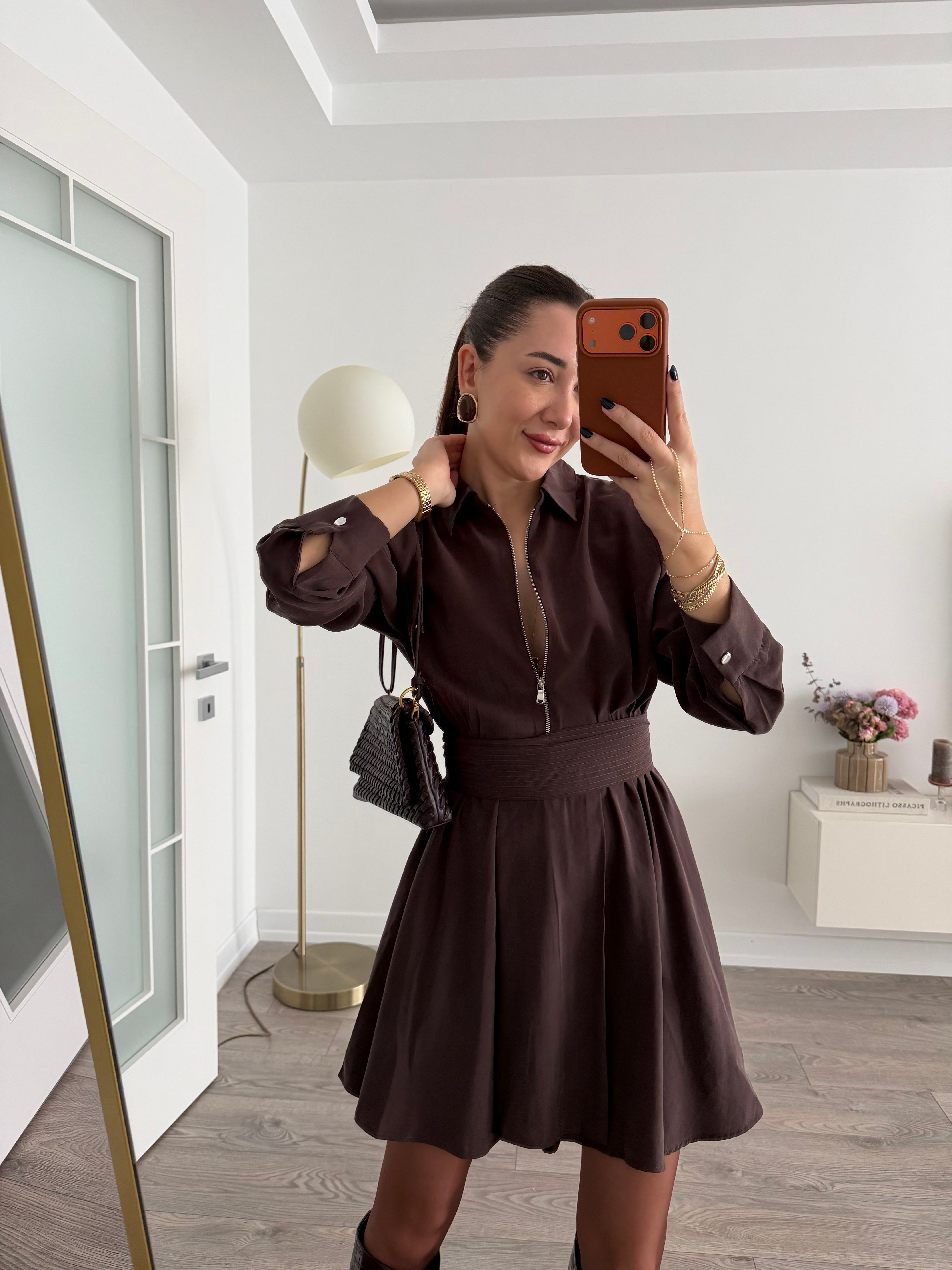 Kahve Fermuarlı Kuşaklı Modal Tensel Elbise