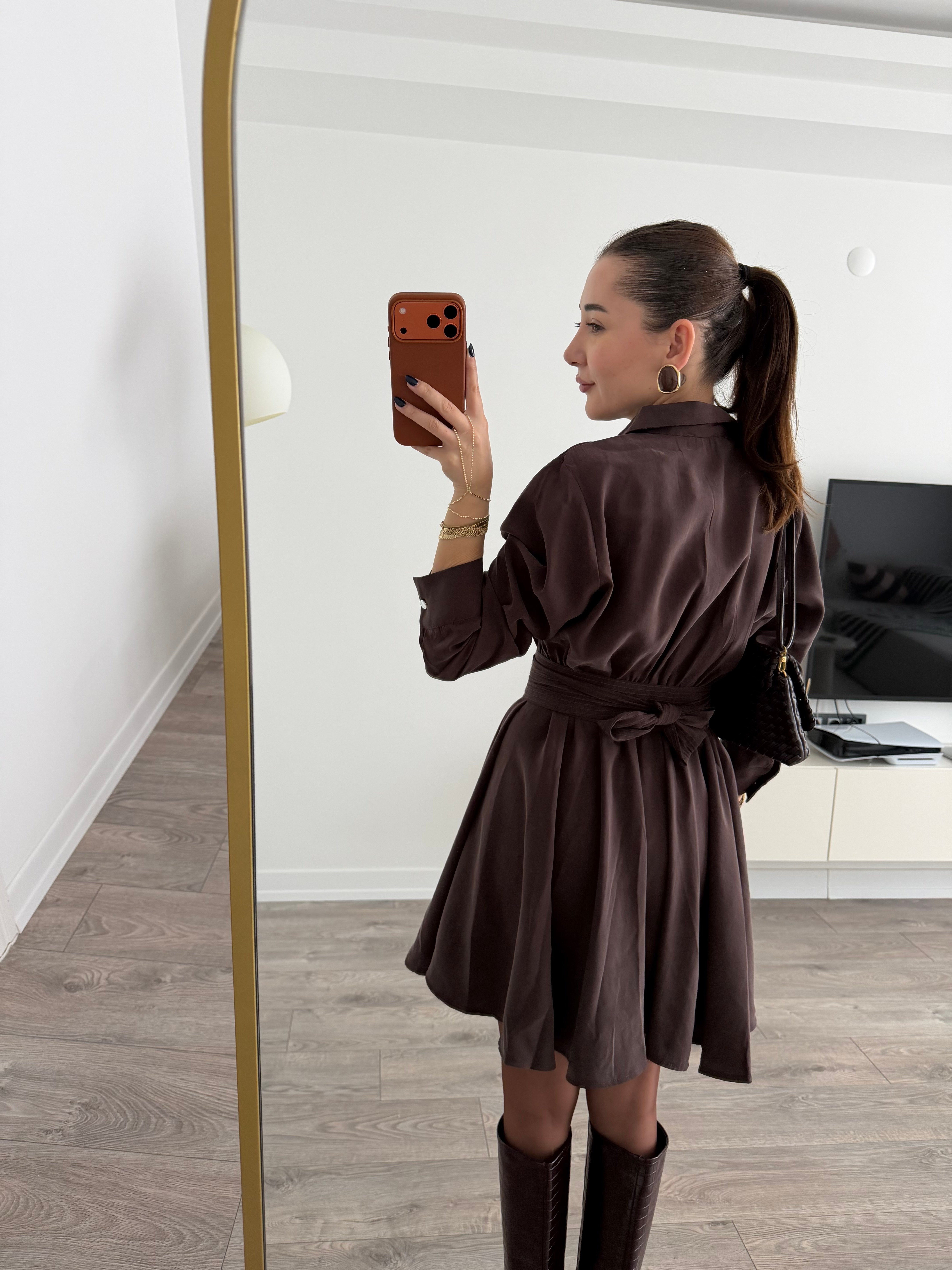 Kahve Fermuarlı Kuşaklı Modal Tensel Elbise