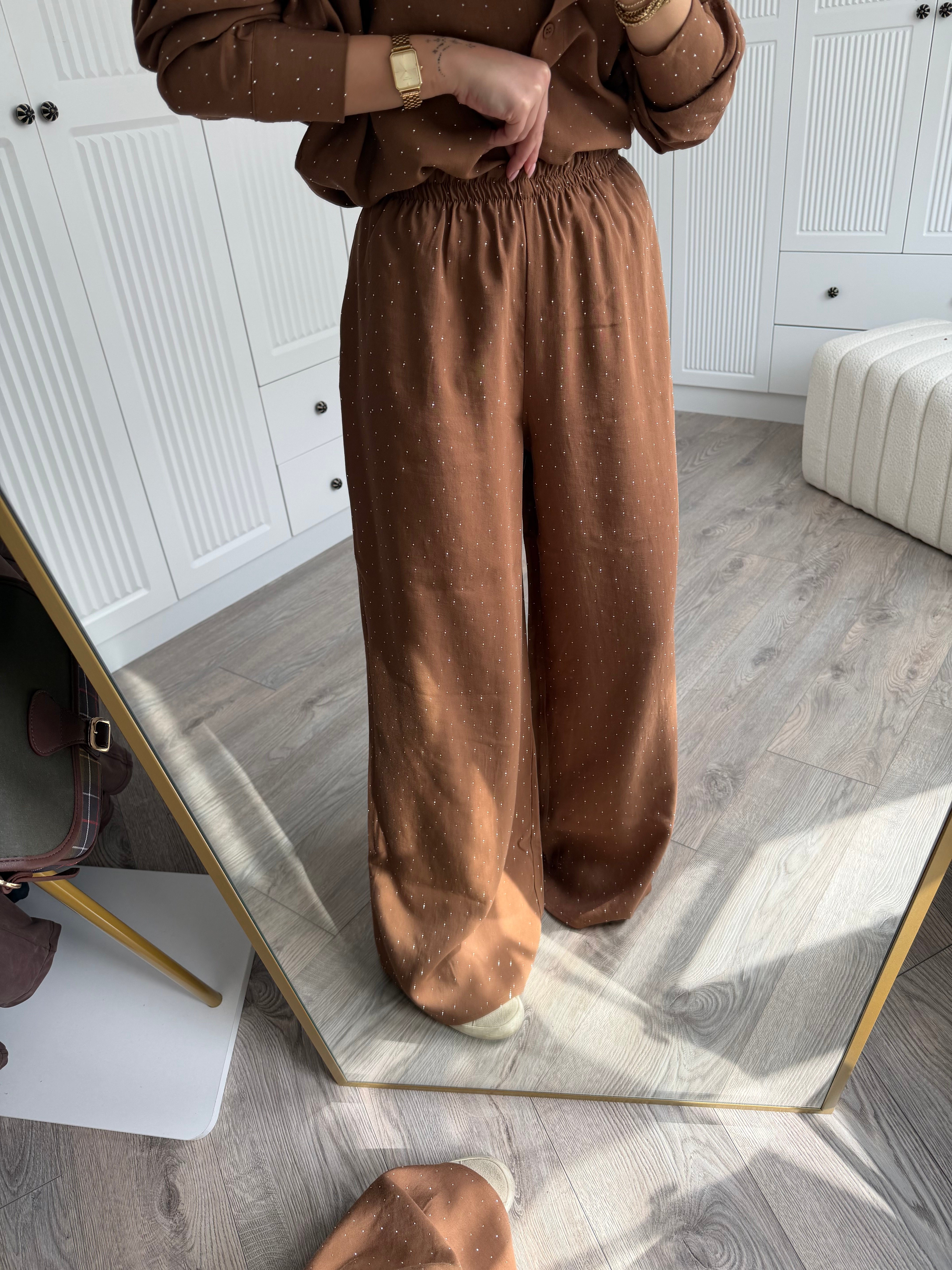Kahve Taşlı Gömlek Pantolon Tensel Takım