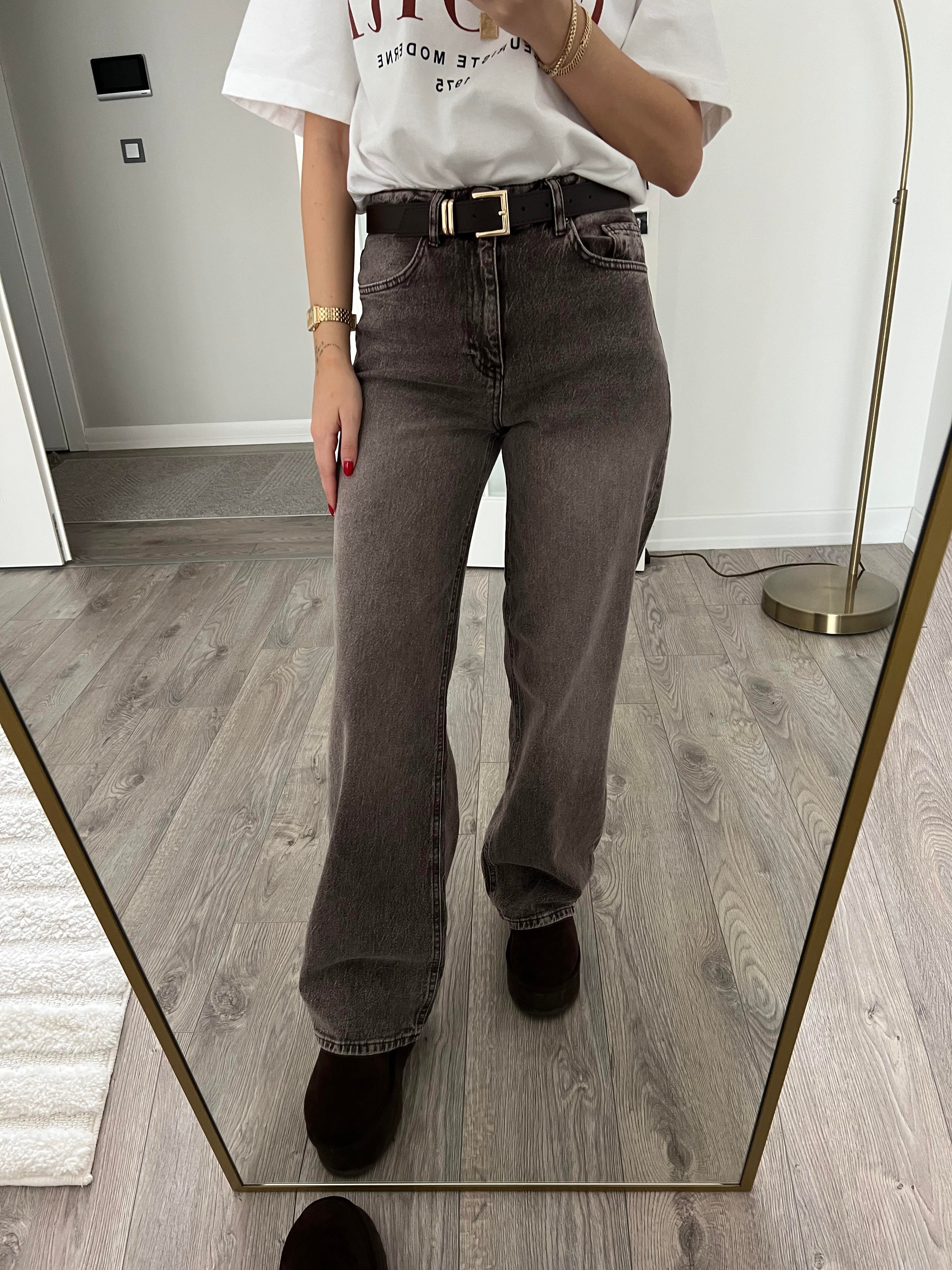 Kemerli Kahve Taşlanmış Straight Jean 