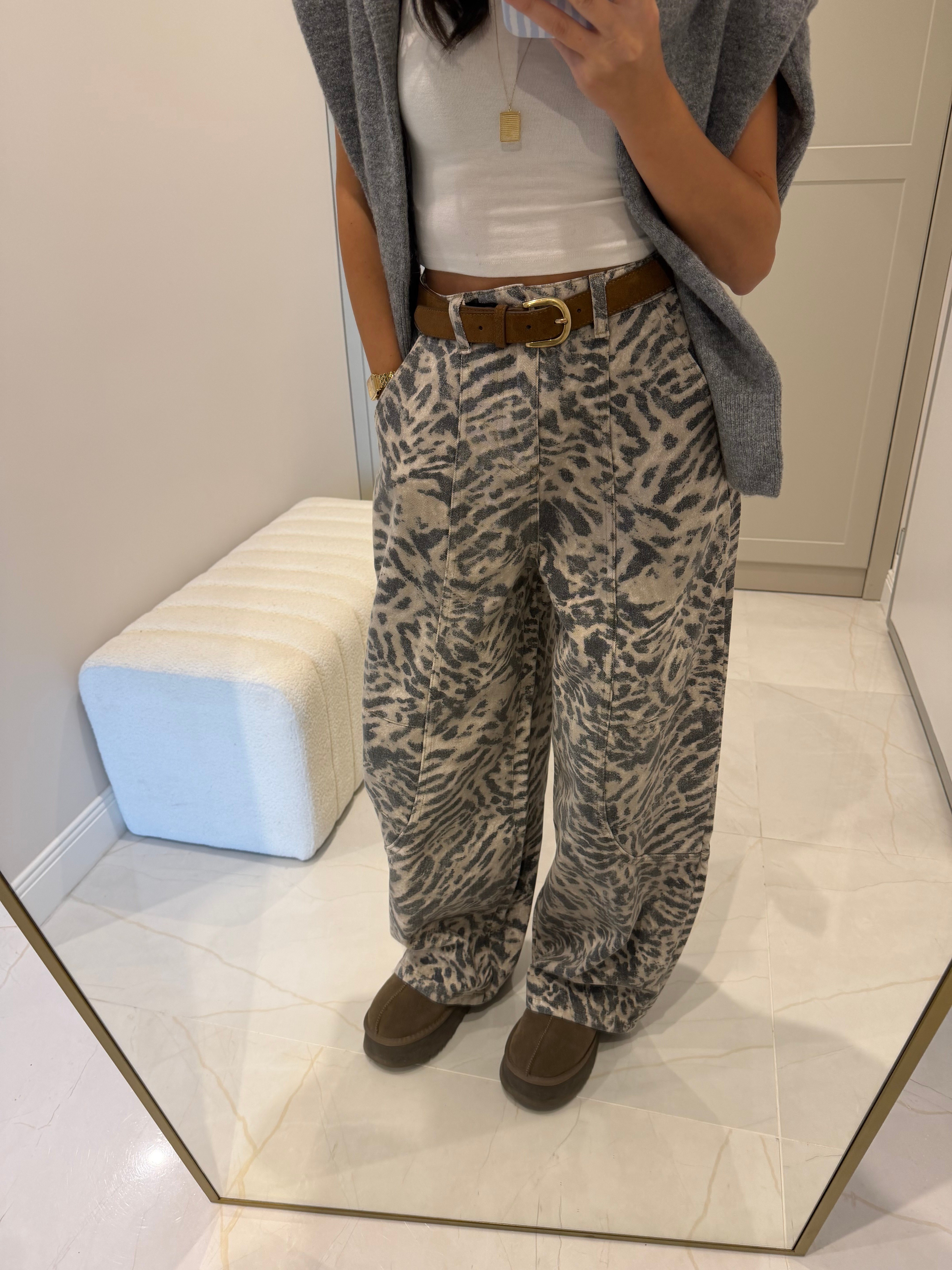 Leopar Desen Dikişli Bol Jean
