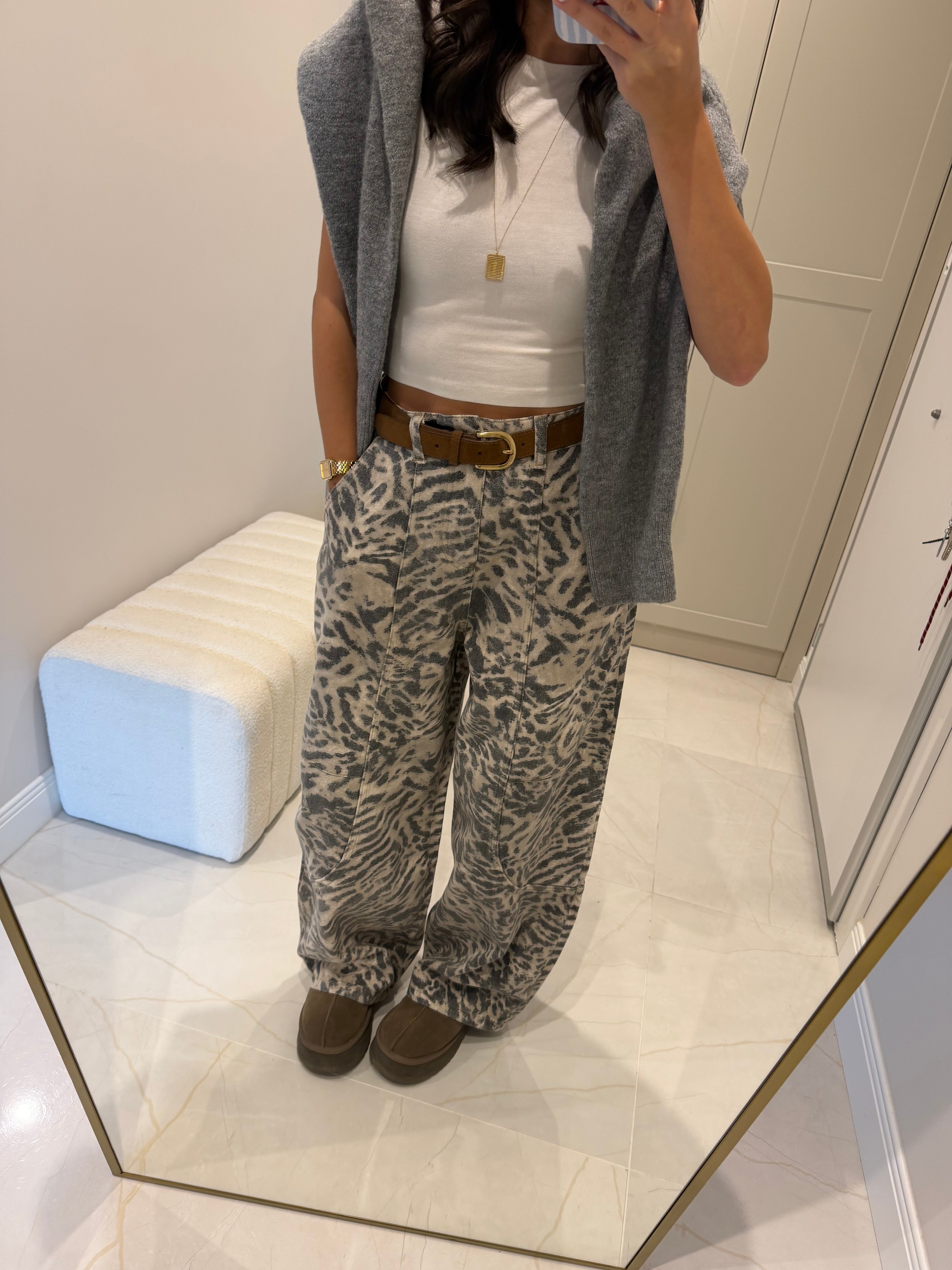 Leopar Desen Dikişli Bol Jean
