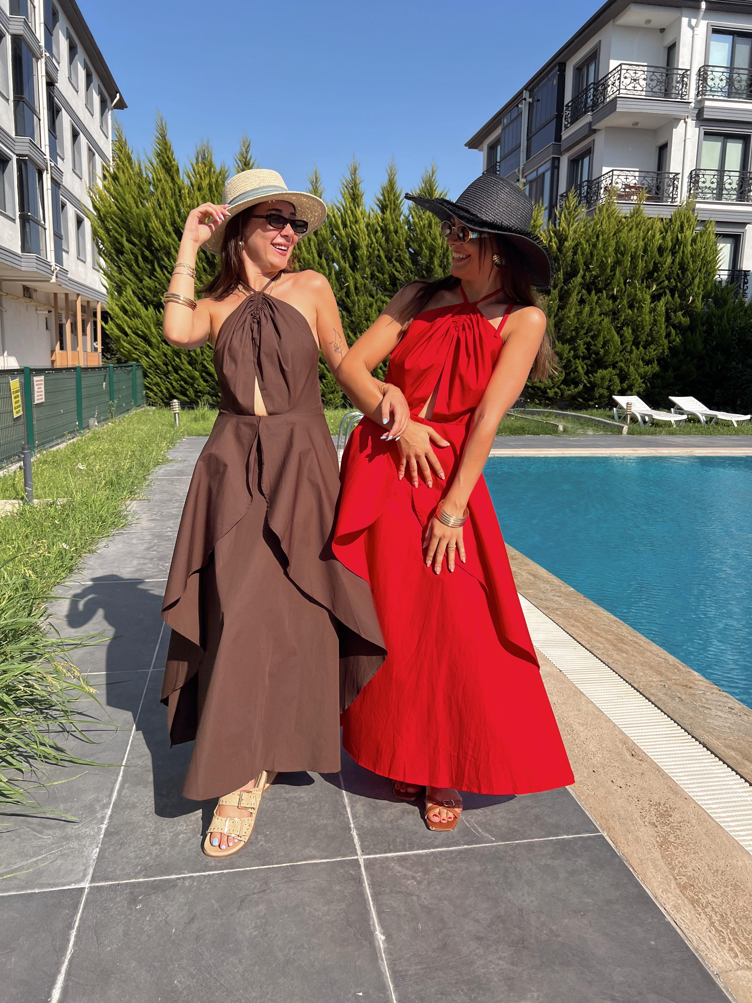 Marka Model Kahve Boyundan Bağlamalı Poplin Elbise