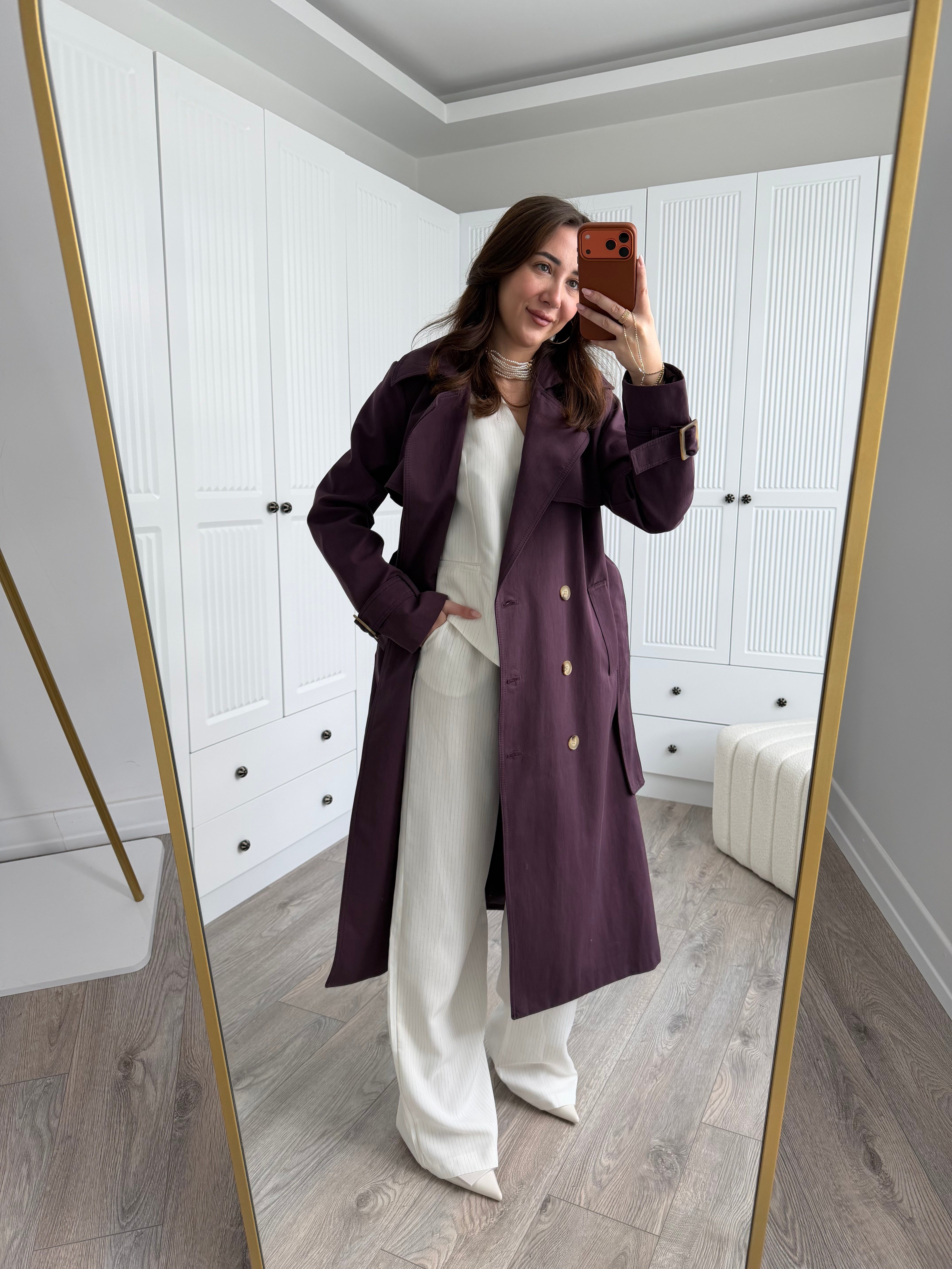 Massmo Premium Mürdüm Düğmeli Kuşaklı Trençkot