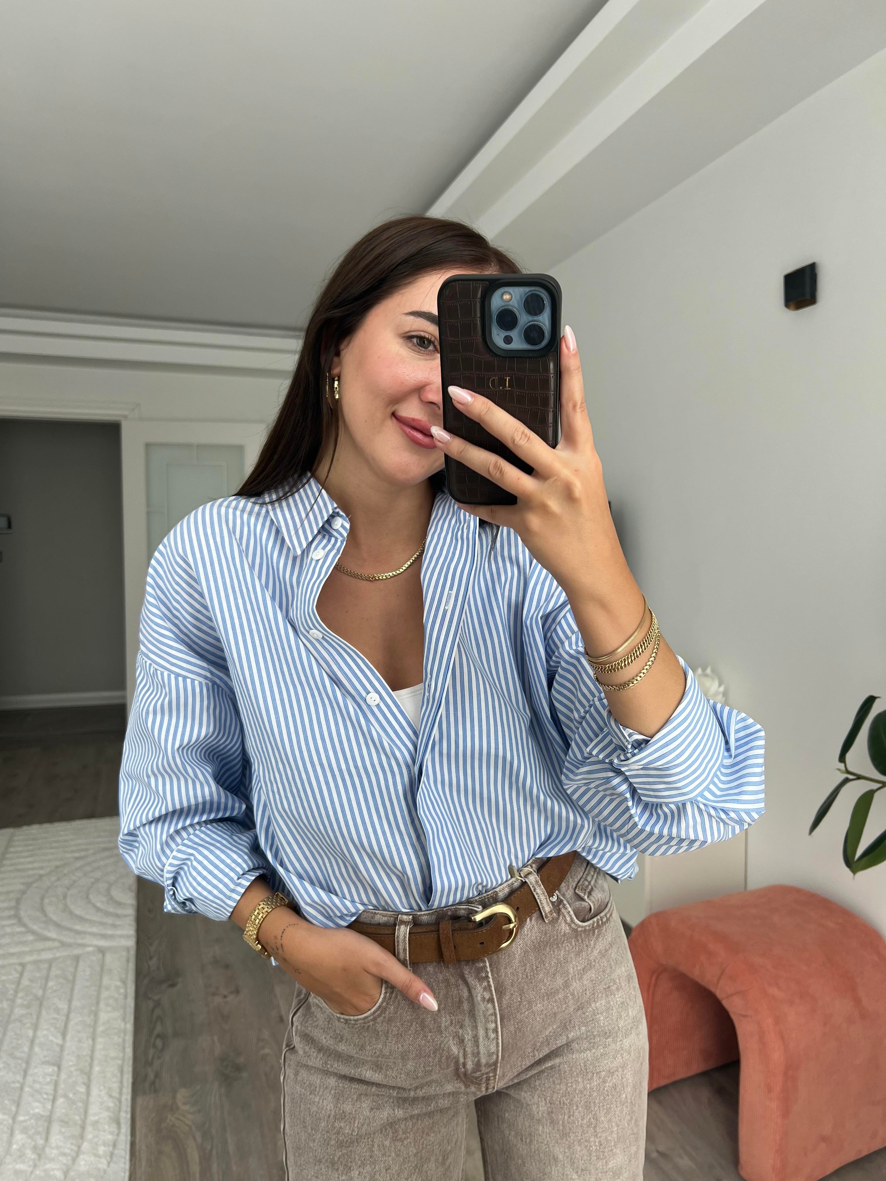 Mavi Çizgili Boyfriend Gömlek 