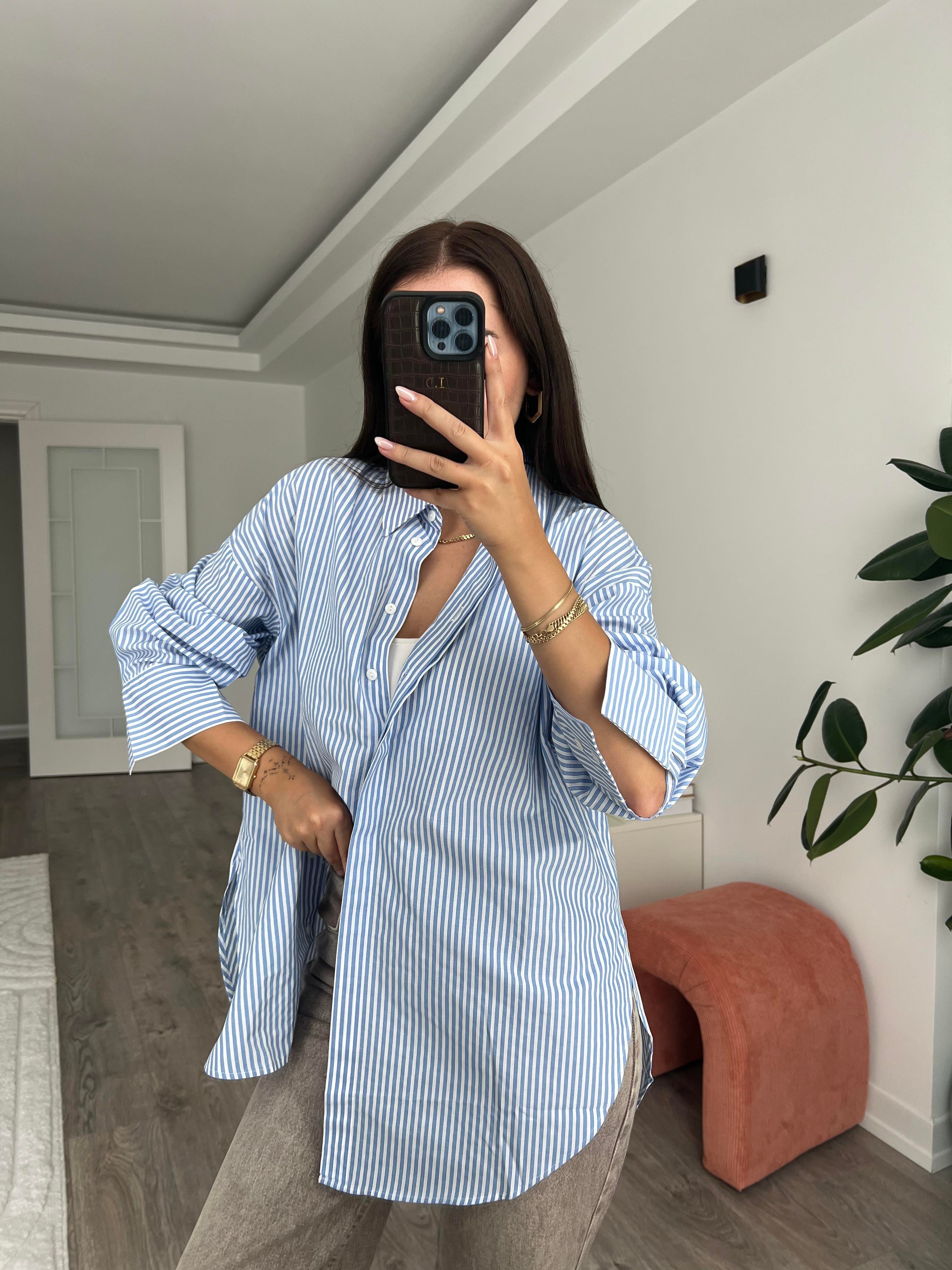 Mavi Çizgili Boyfriend Gömlek 