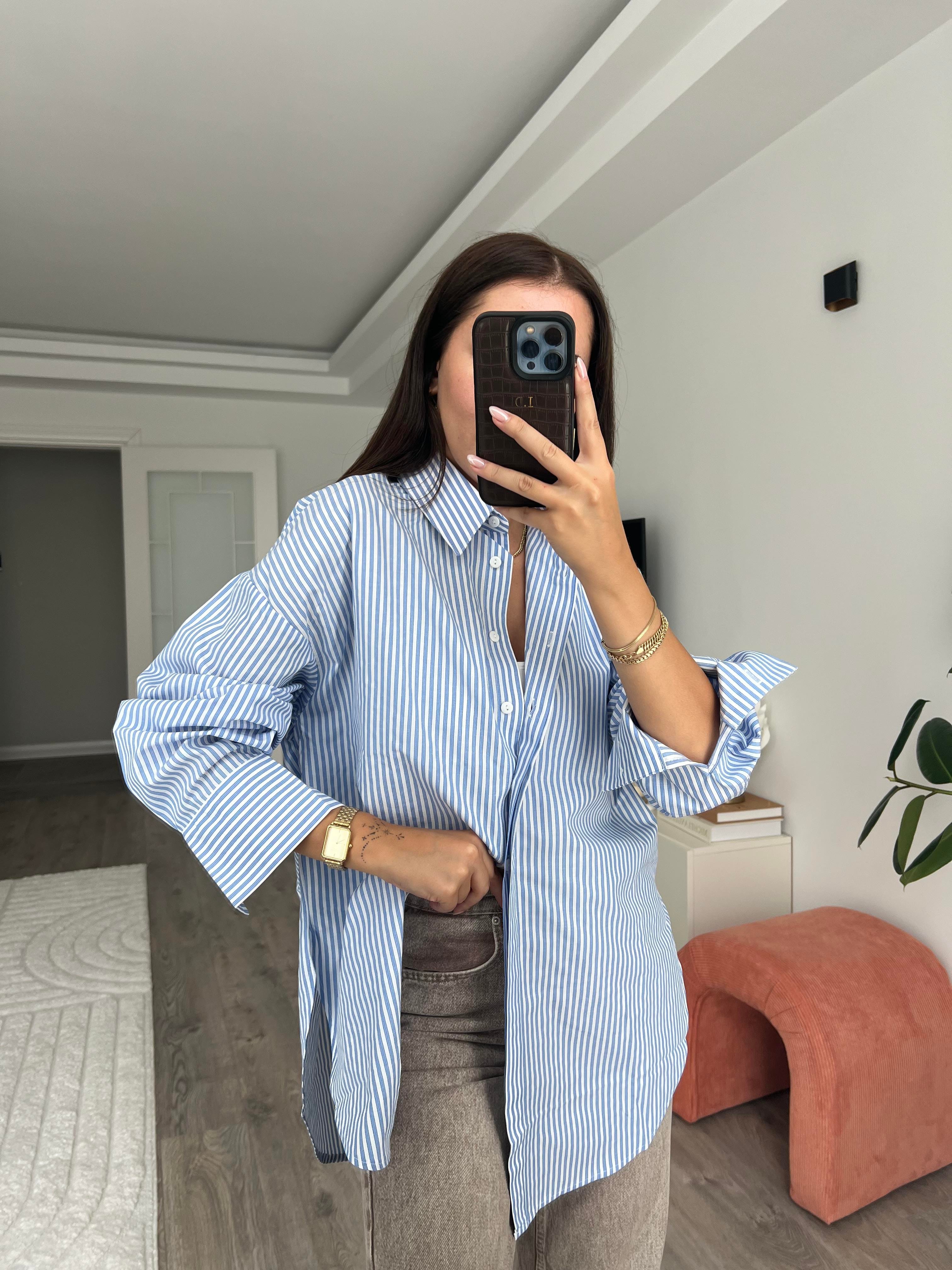 Mavi Çizgili Boyfriend Gömlek 