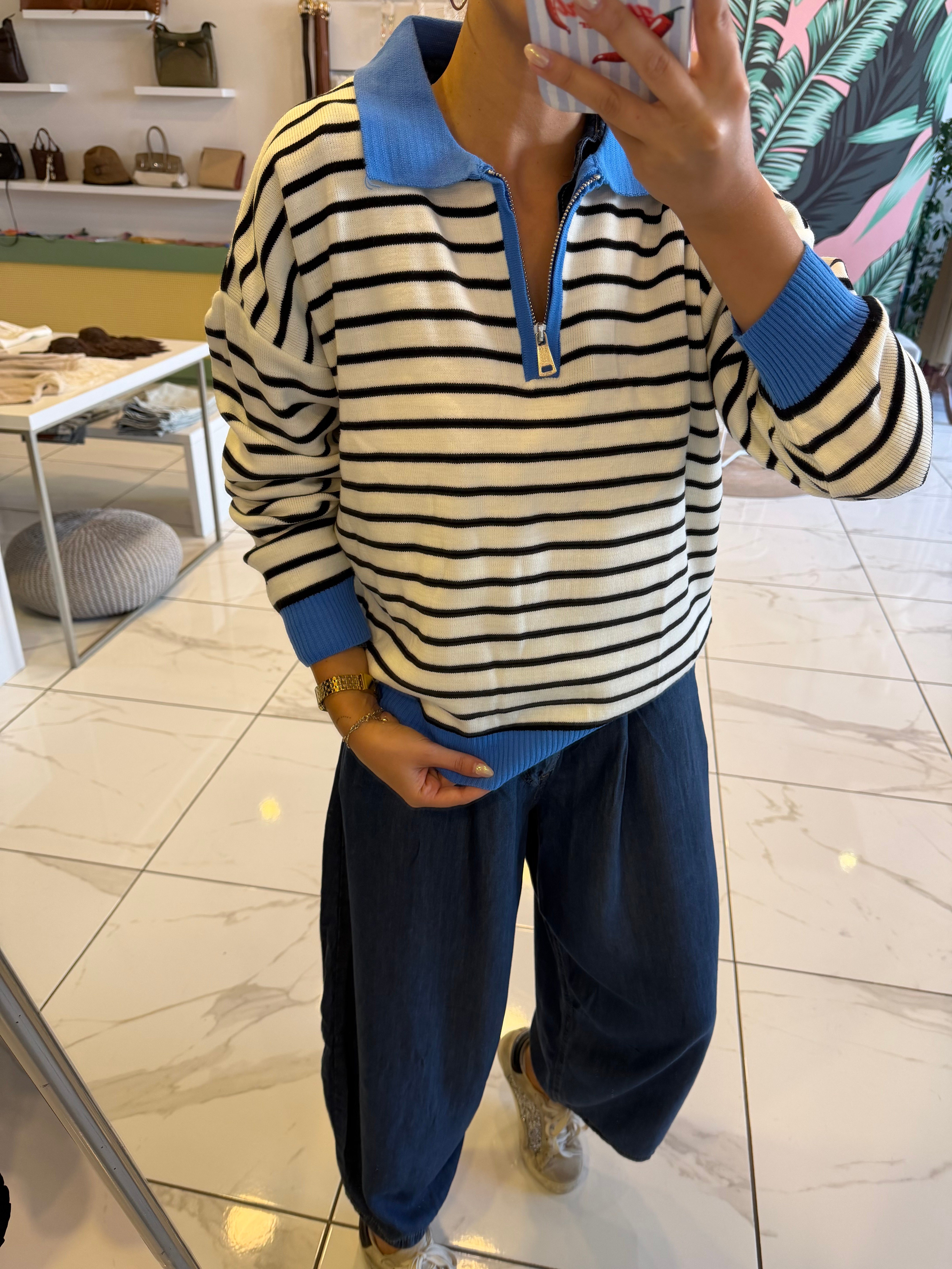 Mavi Polo Yaka Fermuarlı Çizgili Triko