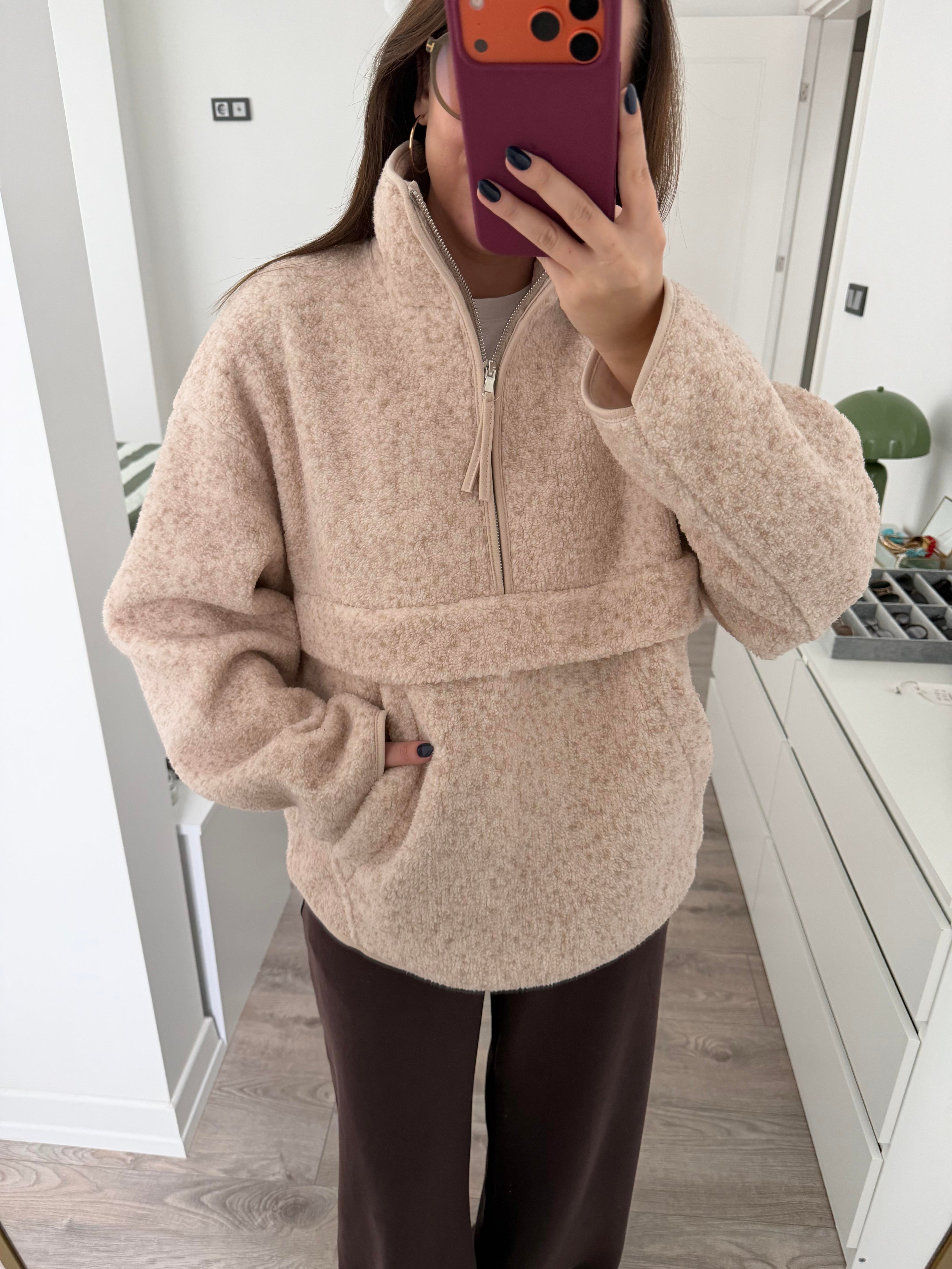 Oyshoo Model Peluş Fermuarlı Krem Sweat 
