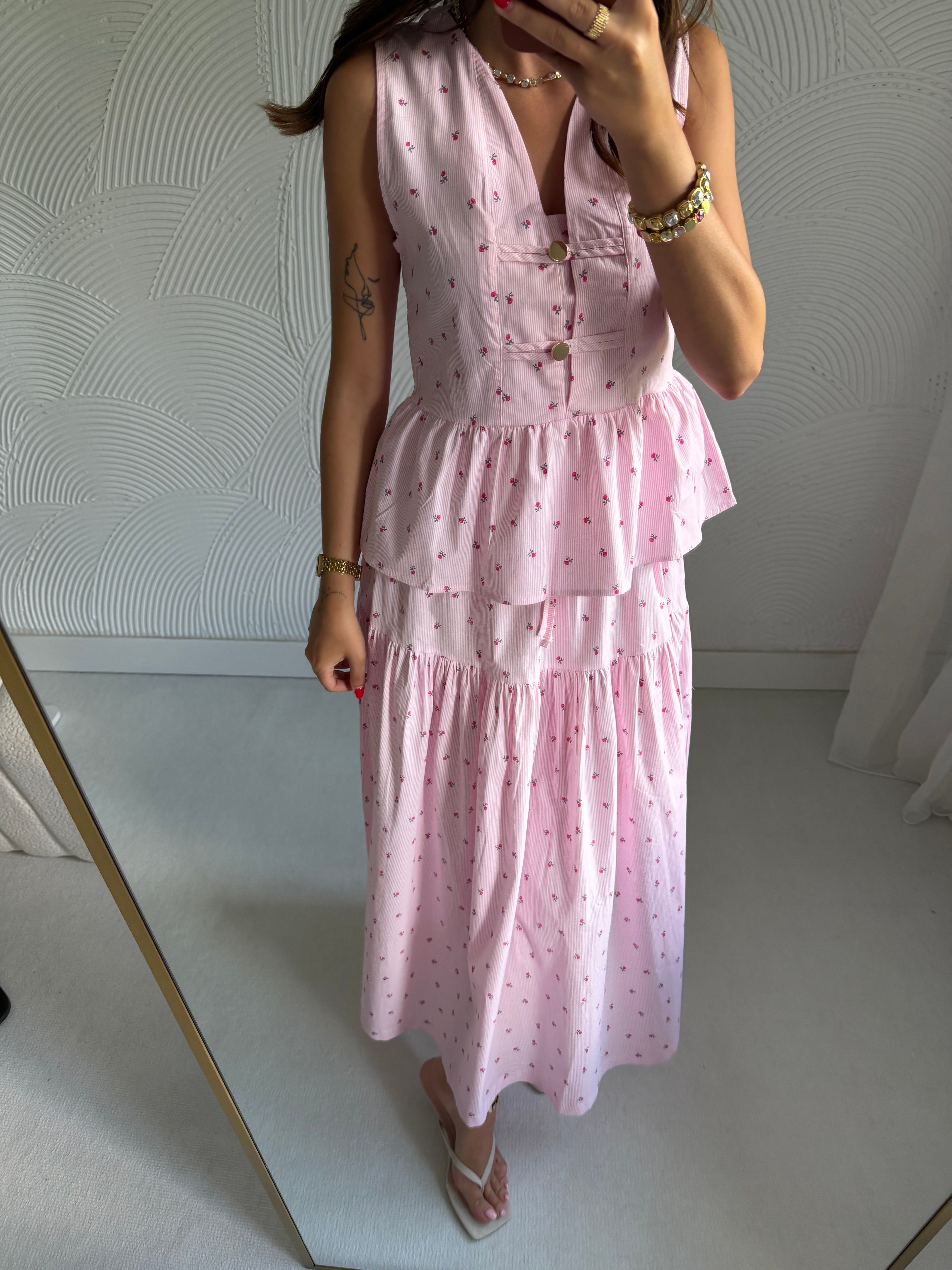Pembe Çiçek Desenli Bluz Etek Takım