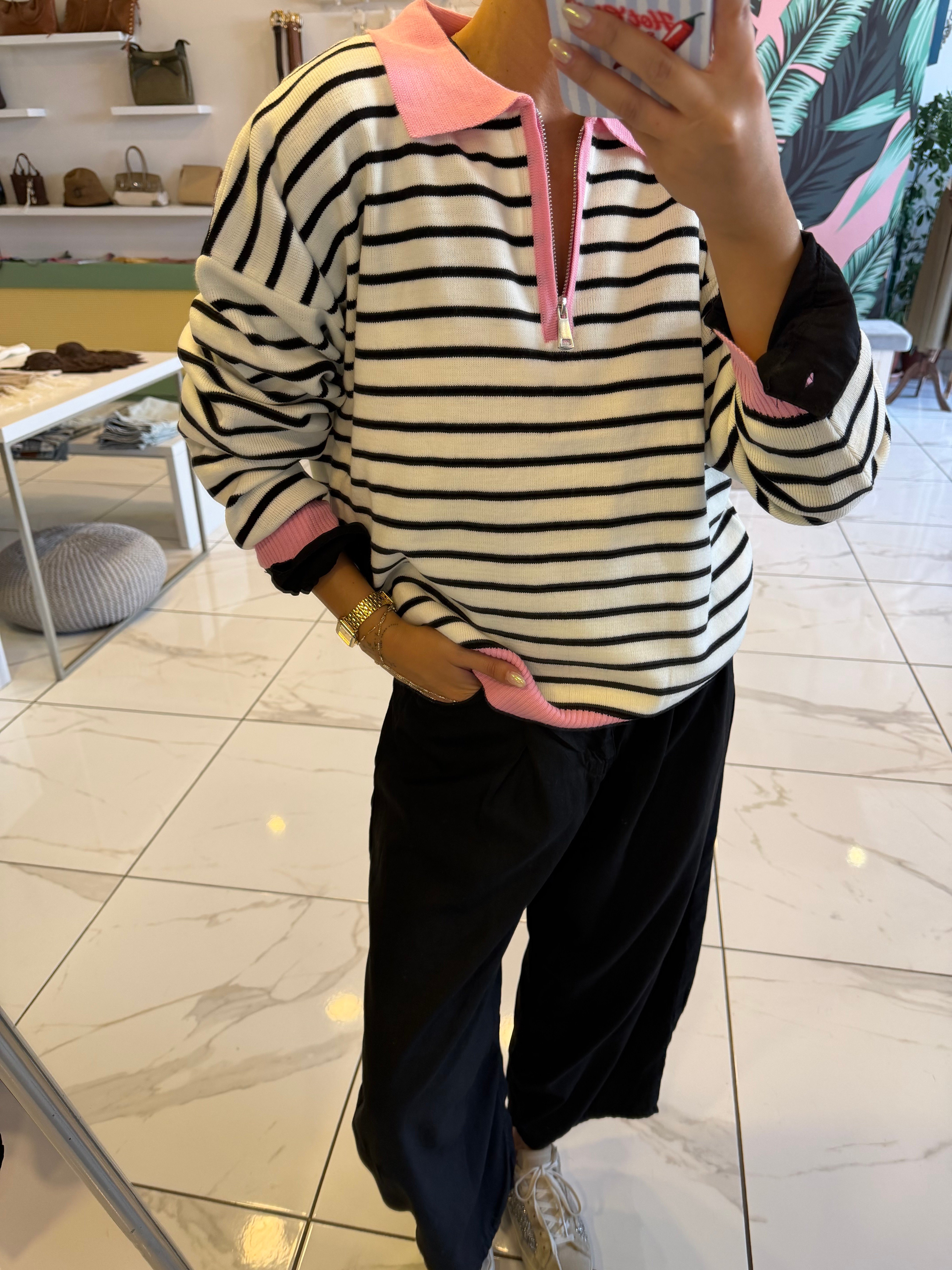 Pembe Polo Yaka Fermuarlı Çizgili Triko