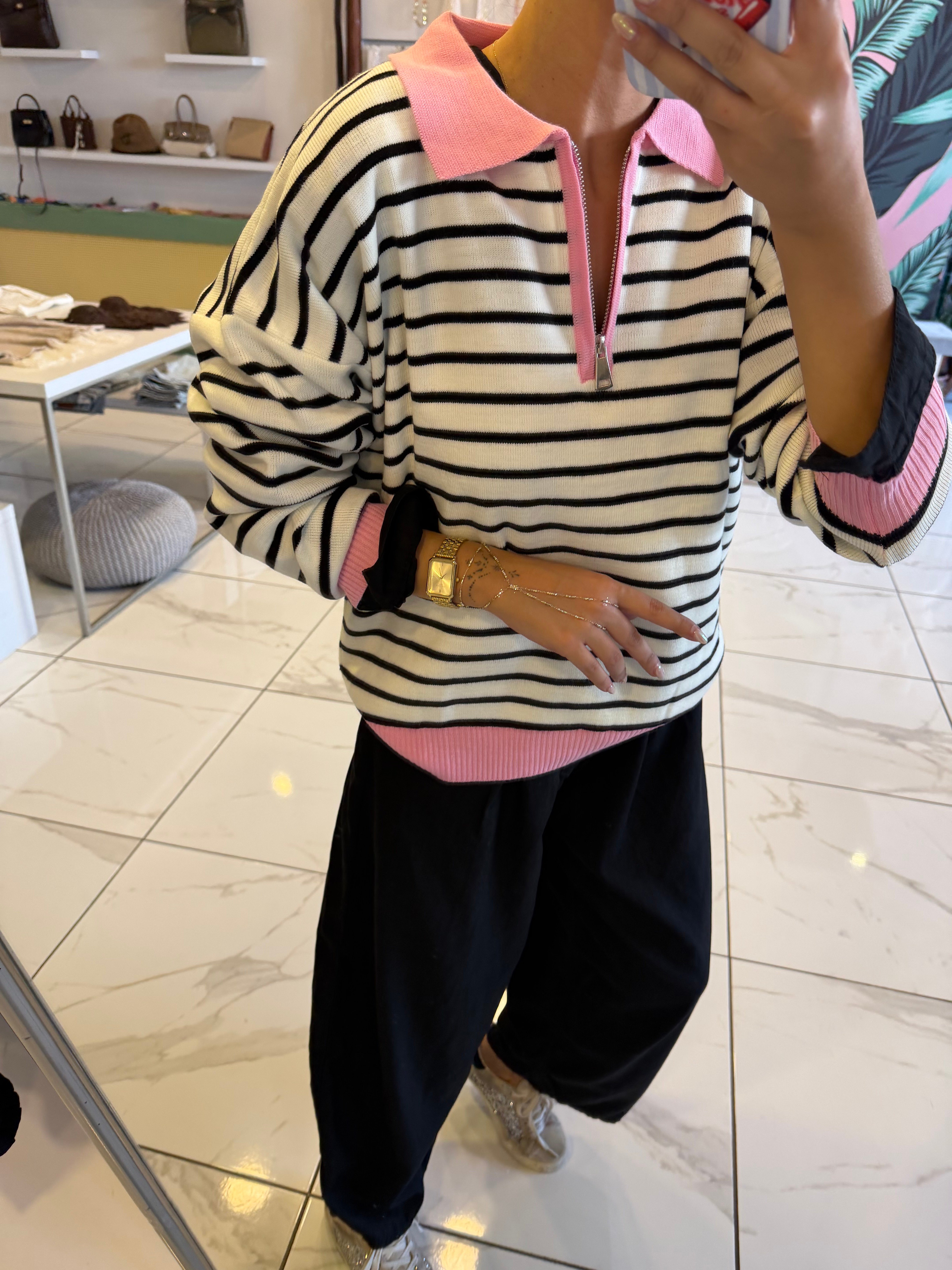 Pembe Polo Yaka Fermuarlı Çizgili Triko