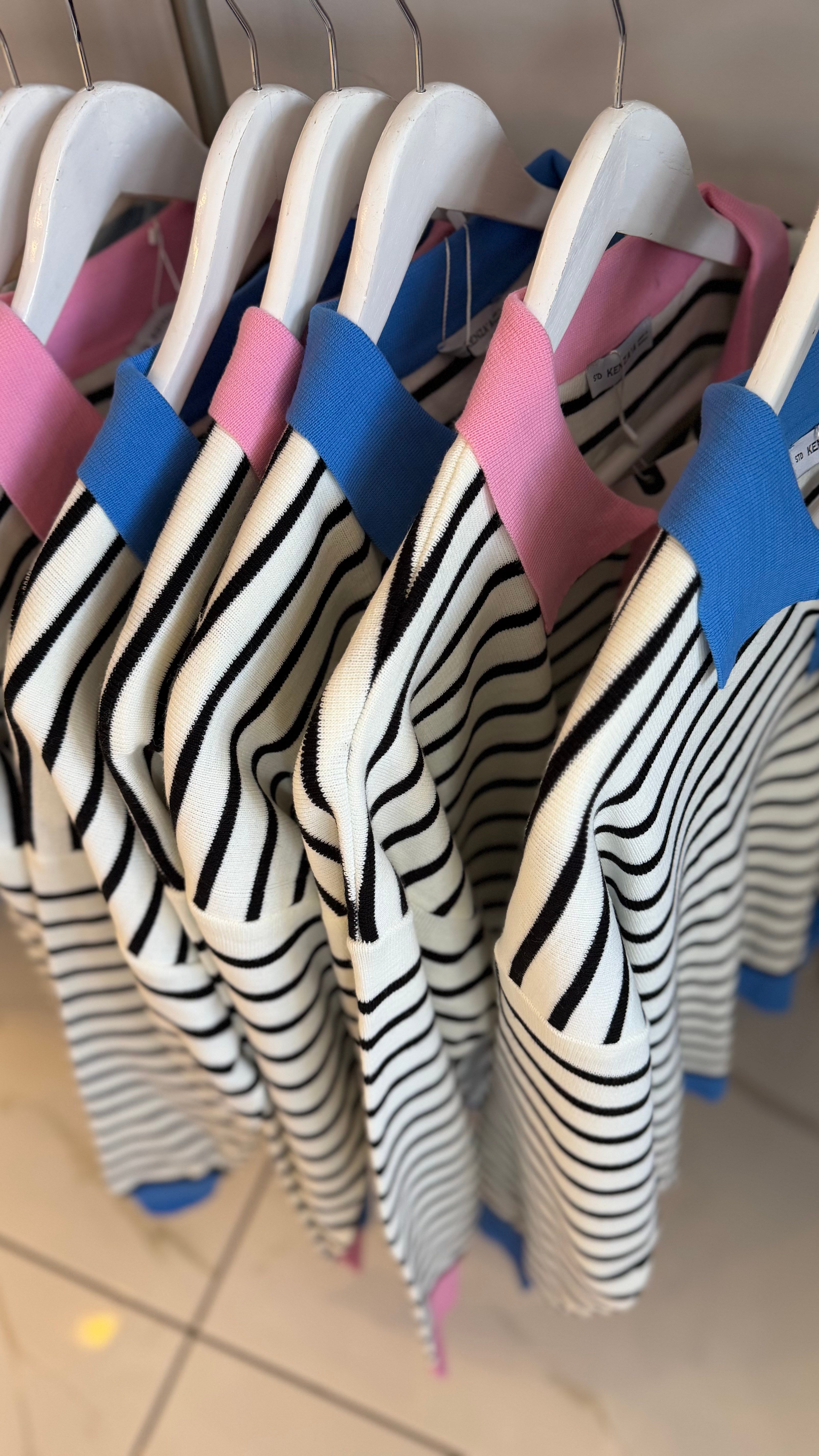 Pembe Polo Yaka Fermuarlı Çizgili Triko