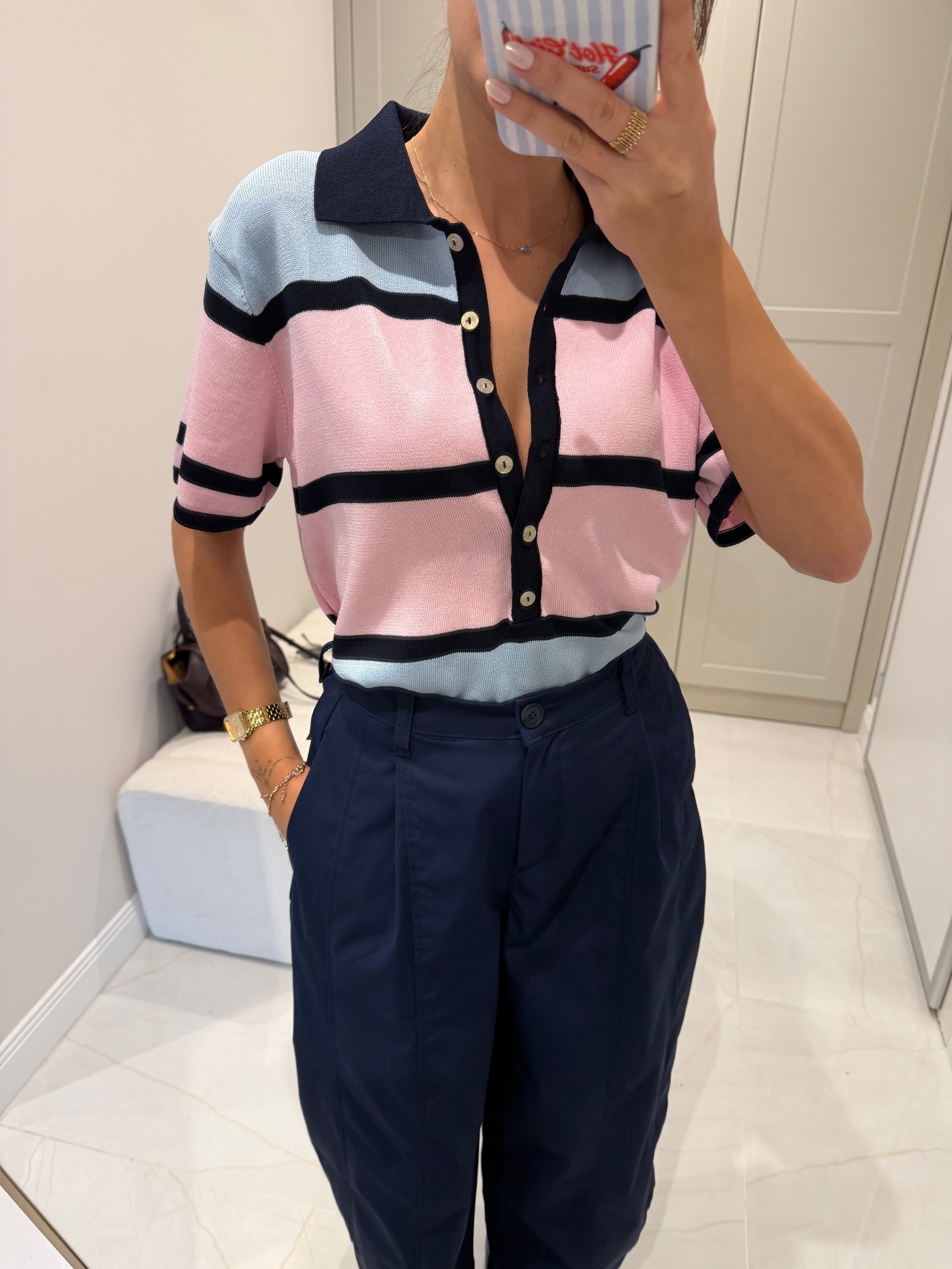 Polo Yaka Pembe Mavi Geçişli Triko