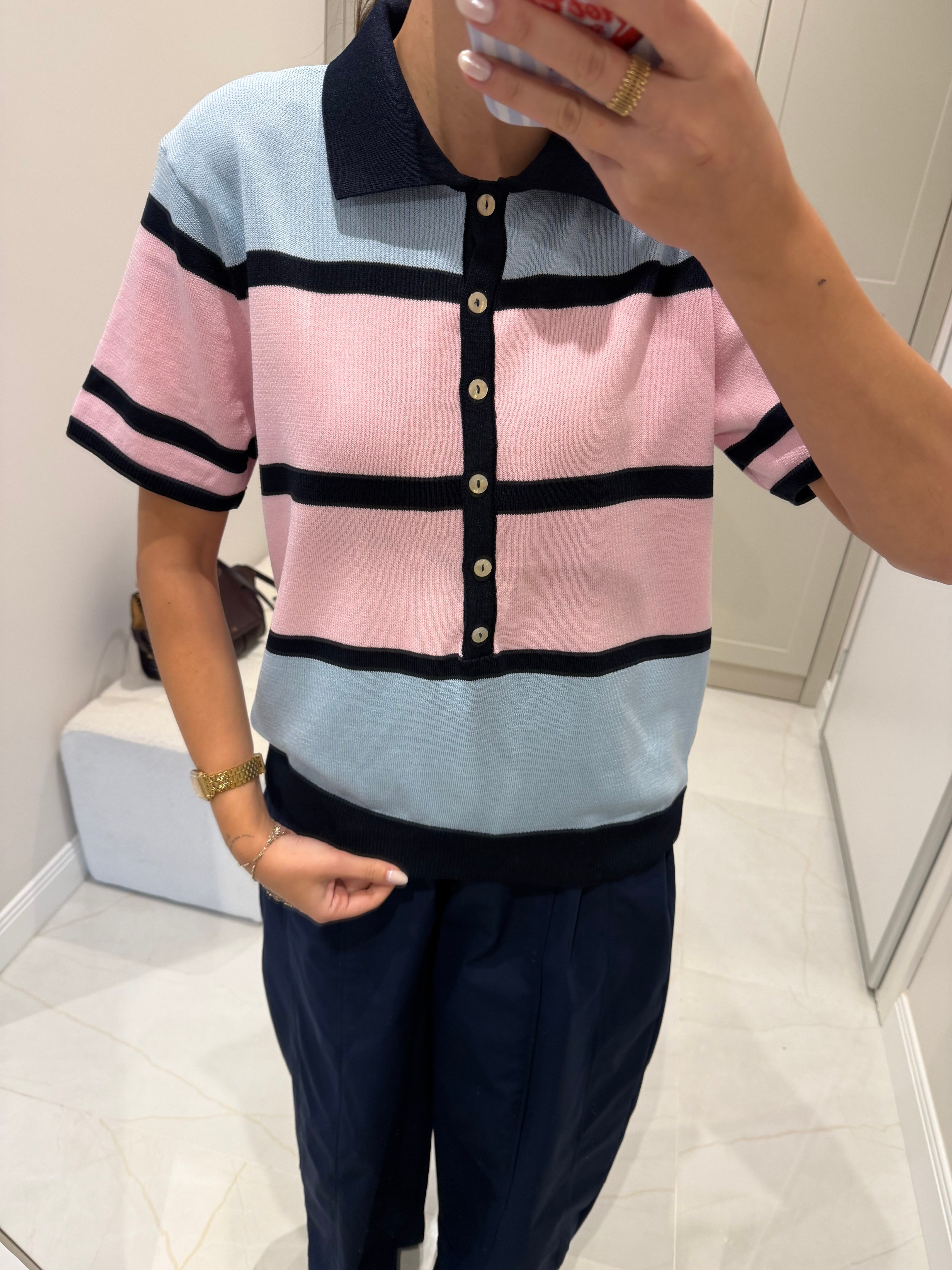 Polo Yaka Pembe Mavi Geçişli Triko