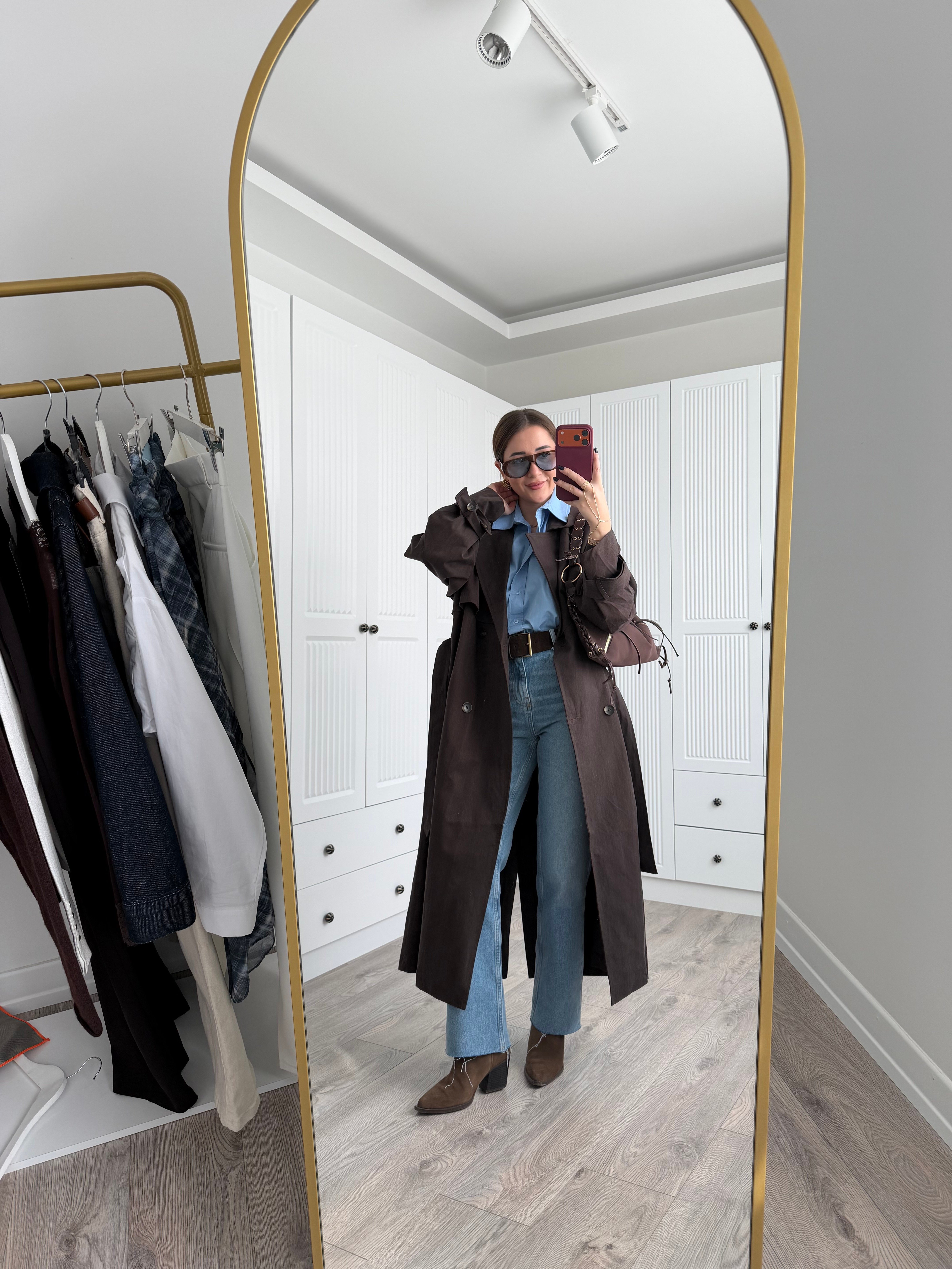 Premium Kalite Kahve Düğmeli Kuşaklı Uzun Trençkot 