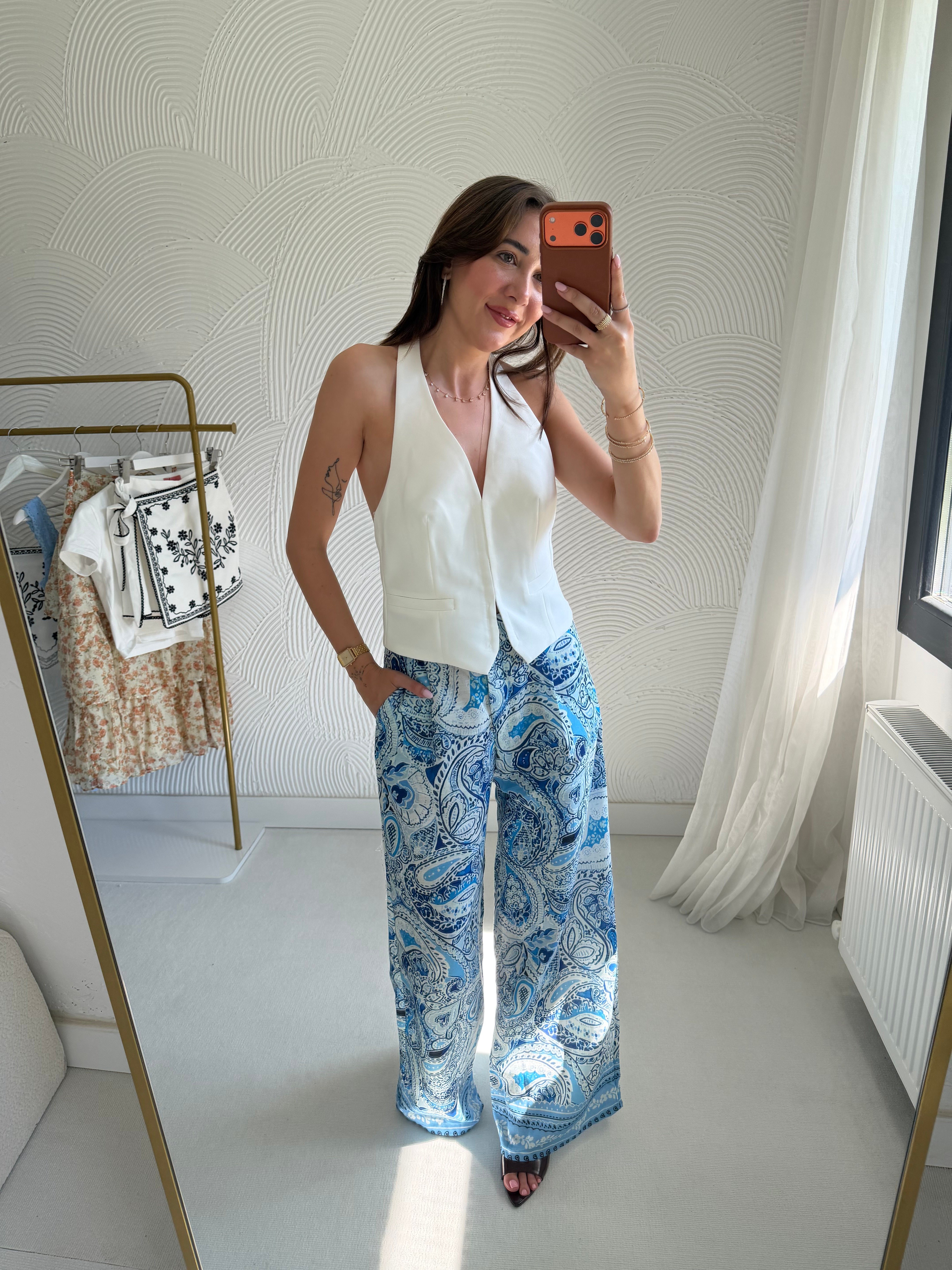Şal Desen Mavi Keten Karışımlı Pantolon 