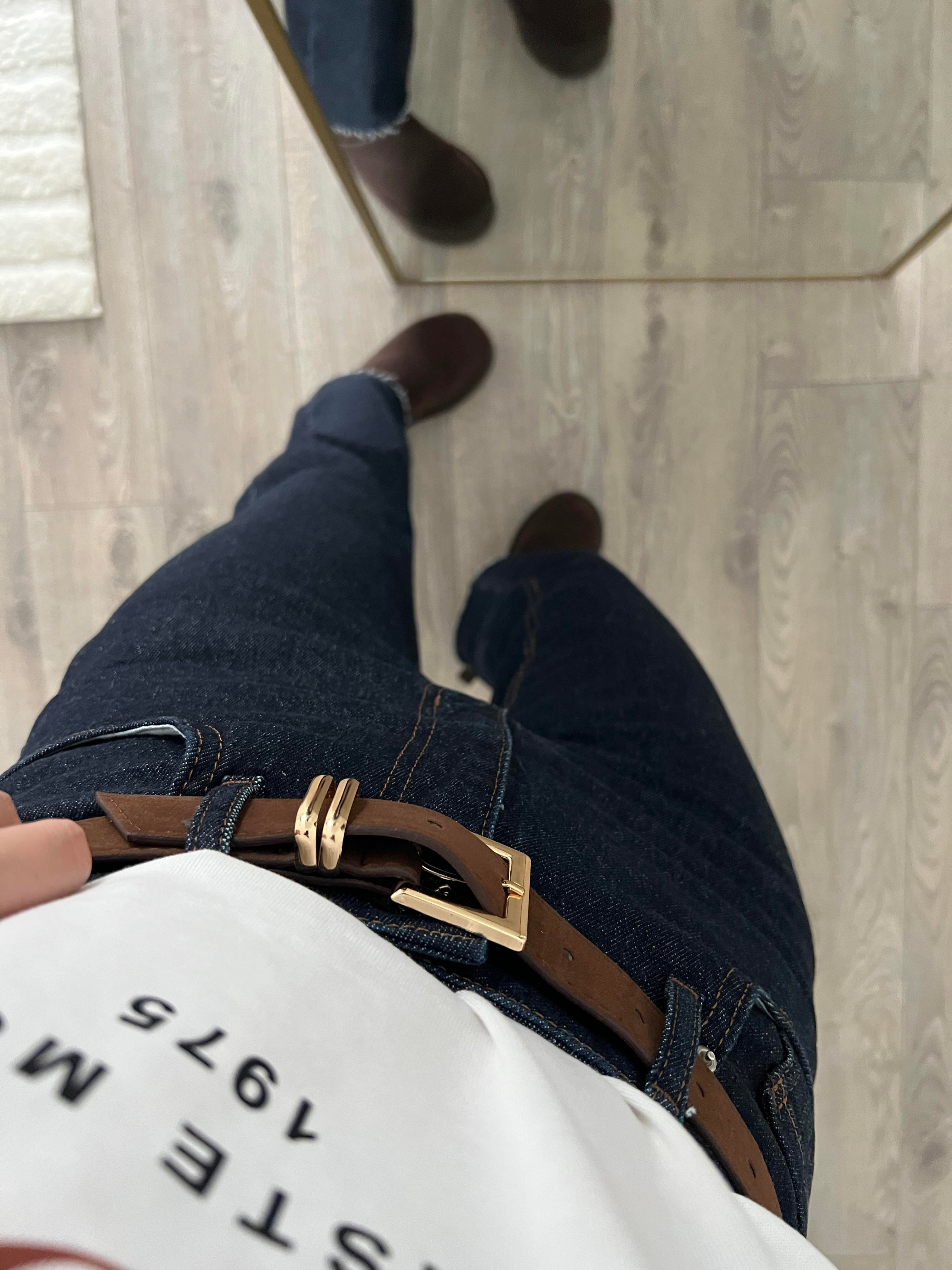 Süet Kemerli Lacivert Straight Jean 