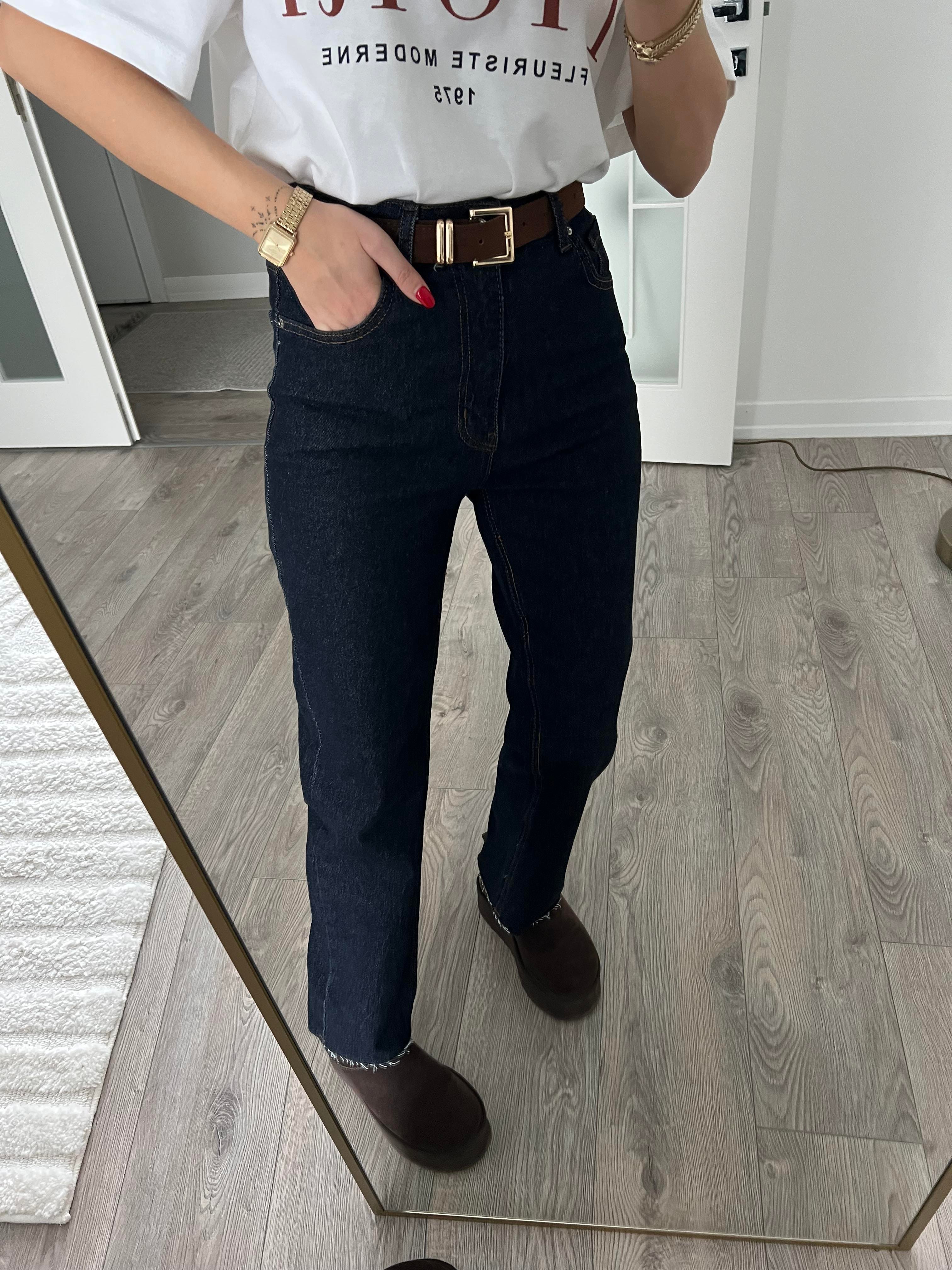 Süet Kemerli Lacivert Straight Jean 